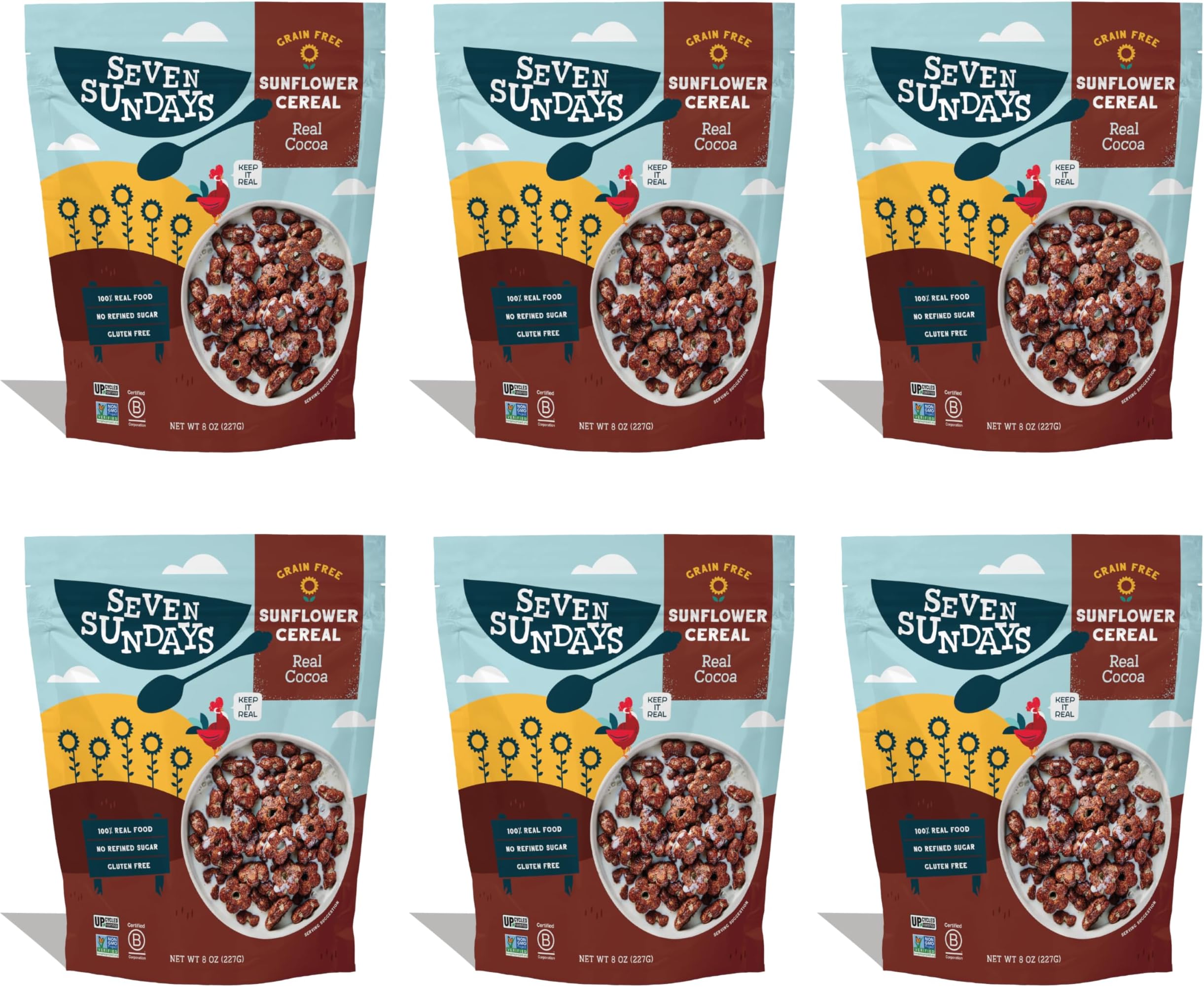 Seven Sundays Sunflower Cereal, Real Cocoa, 8 Oz Bag (Pack of 6), Grain & Gluten Free, 5g Upcycled Protein, 1g Added Sugar, Crunchy Chocolate Snack
