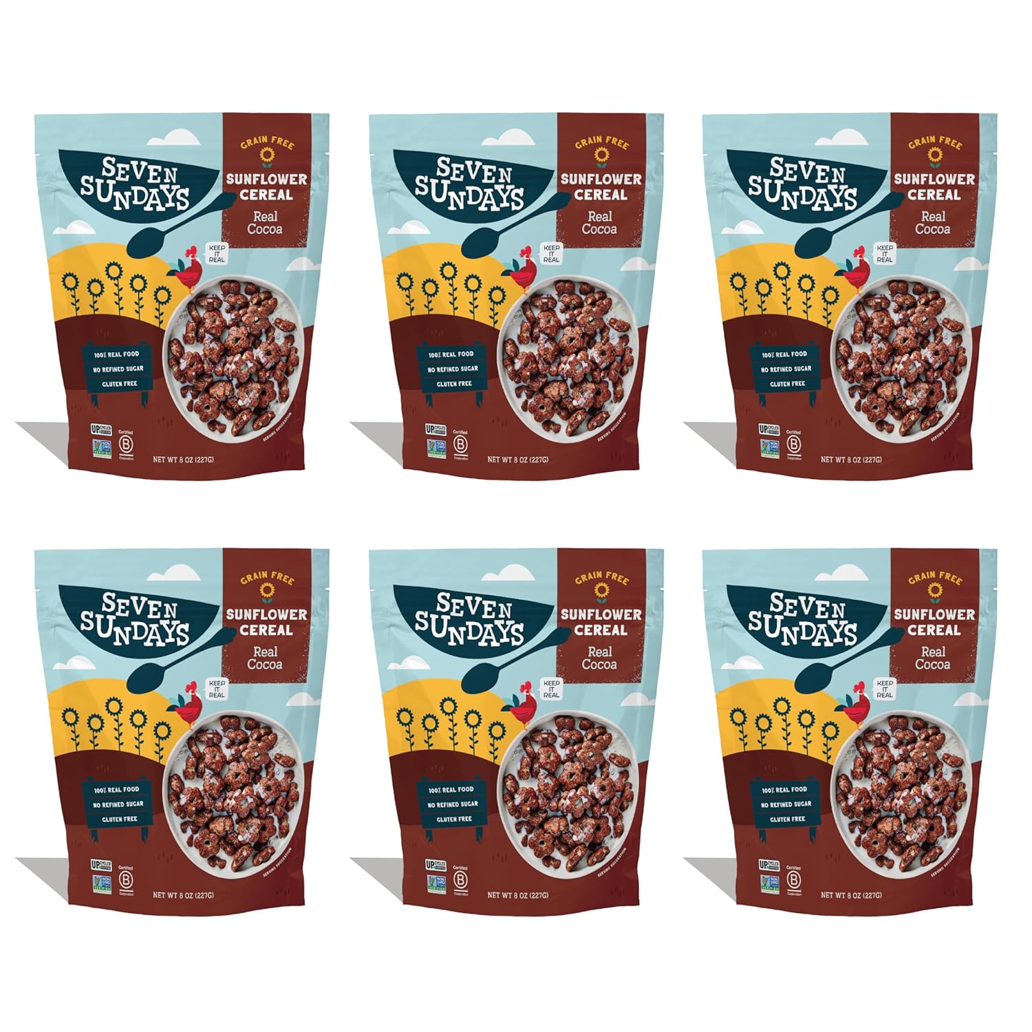 Seven Sundays Sunflower Cereal, Real Cocoa, 8 Oz Bag (Pack of 6), Grain & Gluten Free, 5g Upcycled Protein, 1g Added Sugar, Crunchy Chocolate Snack
