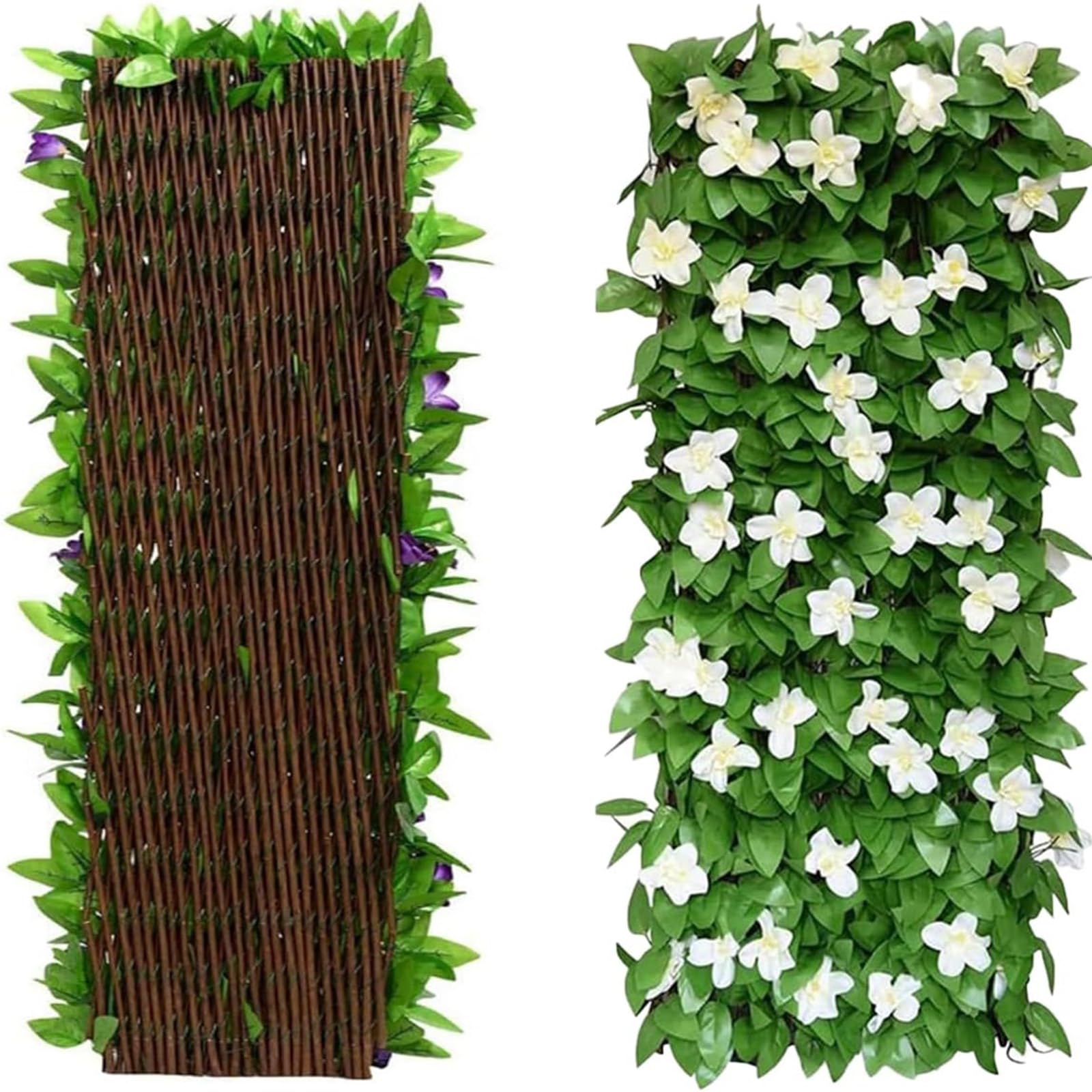 Artificial Fence Screening with Violet Flowers, Retractable Garden Trellis Panels, Fake Ivy Leaf Privacy Screen Wall Decor for Backyard Patio Balcony，White：1pcs
