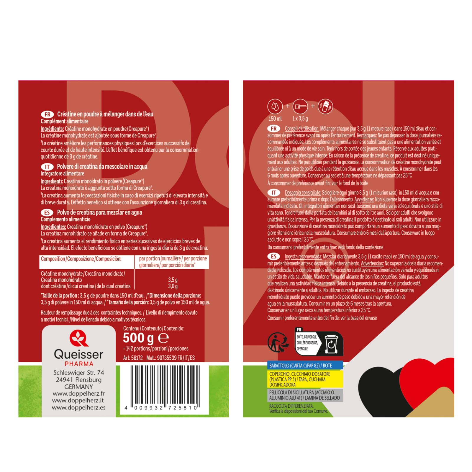 Doppelherz Créatine Monohydrate, Créapure, Récupération musculaire, 500 g | Complément alimentaire, Créatine en poudre, Performance et récupération musculaire, À dissoudre, Goût neutre, Sans additif