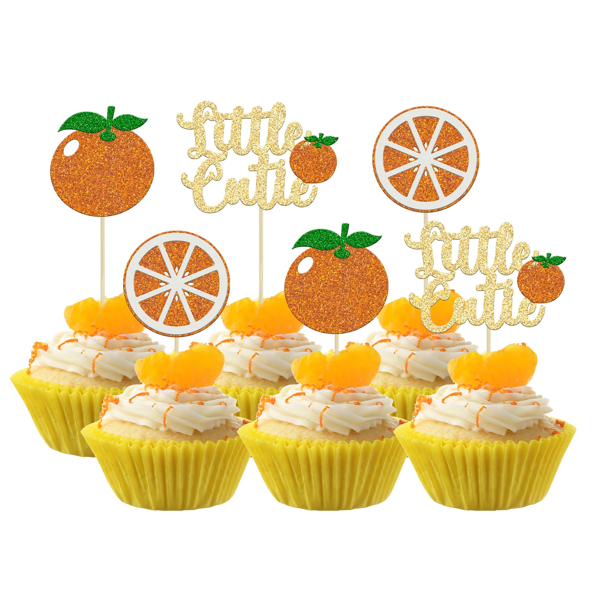 24Pcs Little Cutie Cupcake Toppers Glitter Orange Cupcake Picks Citrus Theme Baby Shower Decorations for Cutie Kids Birthday Party Tangerine Theme