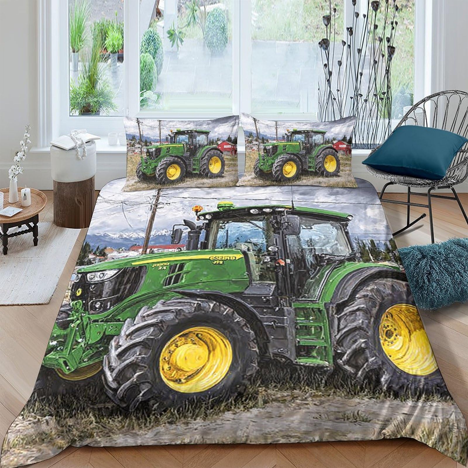 GPLZQXKJNH 3D Printed Green Tractor Duvet Cover Microfiber Soft Breathable Farm Machinery Bedding Set with 2 Pillowcases for Bedroom Decor Single（135x200cm）
