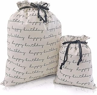Gather & Knot Happy Birthday Gift Bags | Reusable Fabric Drawstring Bags | Large 20” & Small 12” | Premium Canvas Wrap for Birthdays & Celebrations | Happy Birthday Script