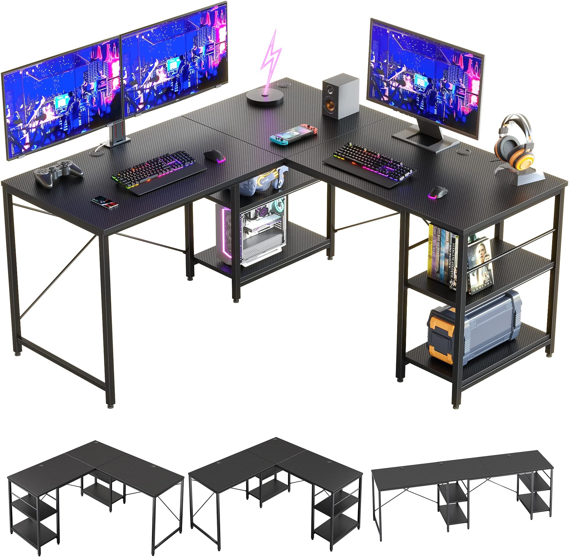 BestierL Shaped Gaming Desk with Shelves, 95.2 Inch Reversible Corner Computer Desk or 2 Person Long Table for Home Office, Large Writing Workstation with 3 Cable Holes, Carbon Fiber