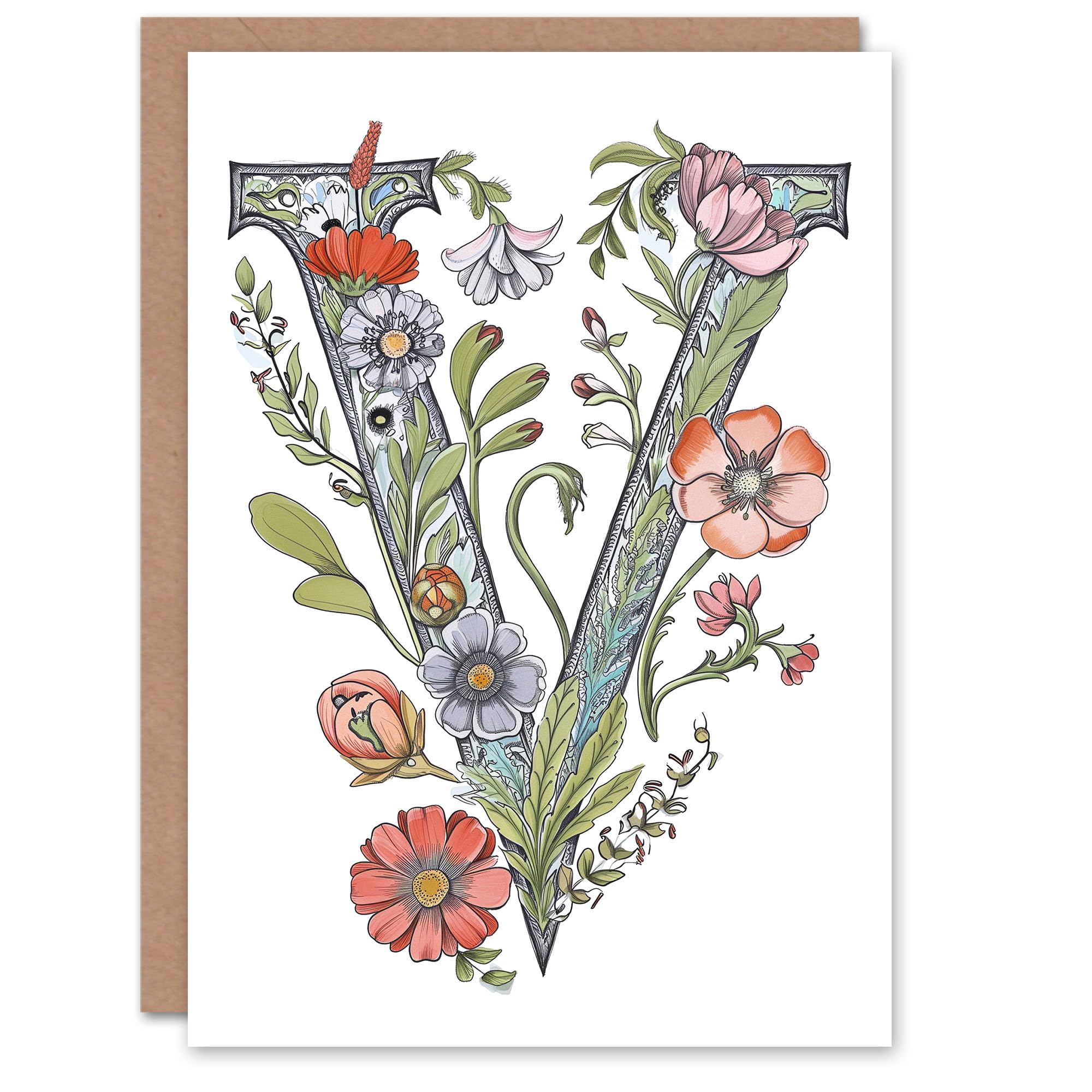 Artery8 Greeting Card Letter V Classic Watercolour Wildflowers Elegant Floral Alphabet Florist For Her Birthday Mum Wife Woman Friend
