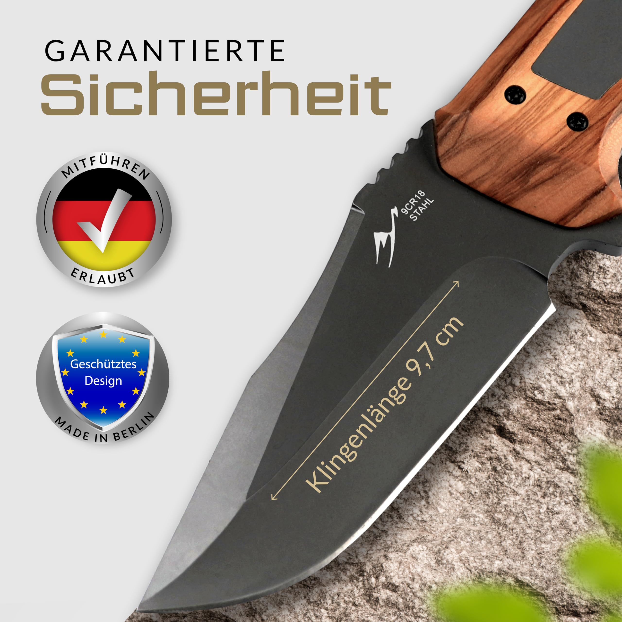 BERGKVIST® Bushcraft nóż ONE ze stałym ostrzem Full Tang (9,7 cm) – dopuszczony do przewożenia w Niemczech – nóż survivalowy do użytku na zewnątrz z uchwytem z prawdziwego drewna, kaburą, krzesiwem i