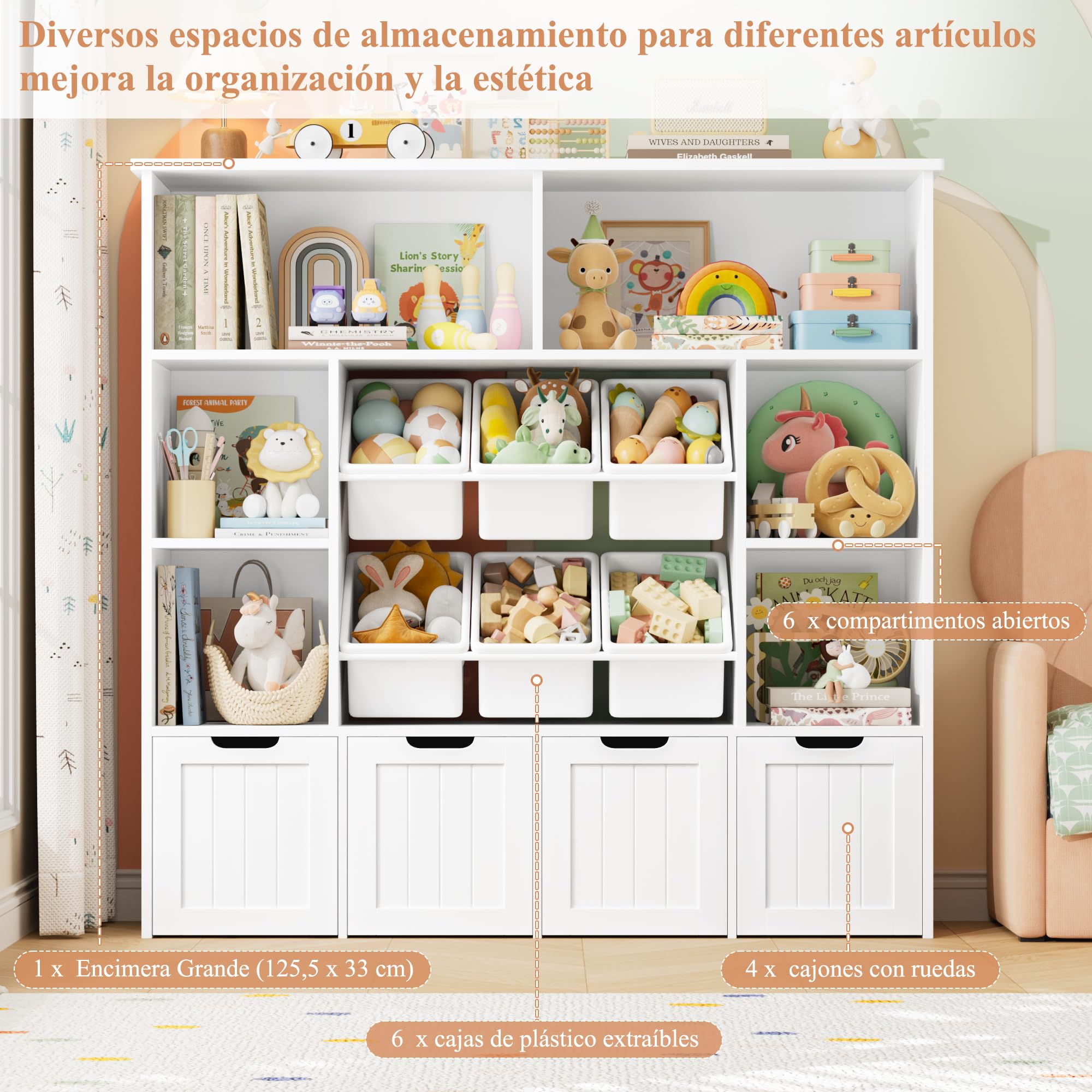 FOREHILL Mueble Infantil, 6 Cajones de Plástico Extraíbles 6 Compartimentos | Estantería Infantil, Mueble Juguetes Organizador 4 Cajones con Ruedas, para Habitación Infantil 125An.x33F.x121.5Al.cm