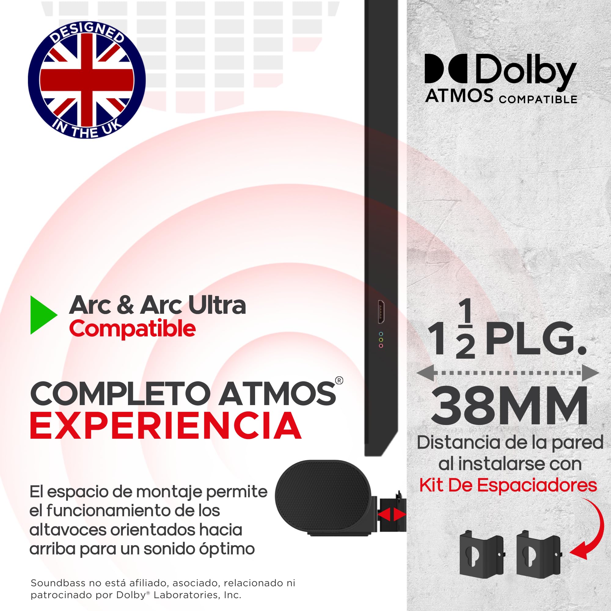 Soporte de Pared Soundbass ARC, Negro, Compatible con Sonos ARC y ARC Ultra, Ajustable en Profundidad, Todo el Hardware Incluido, Diseñado en el Reino Unido