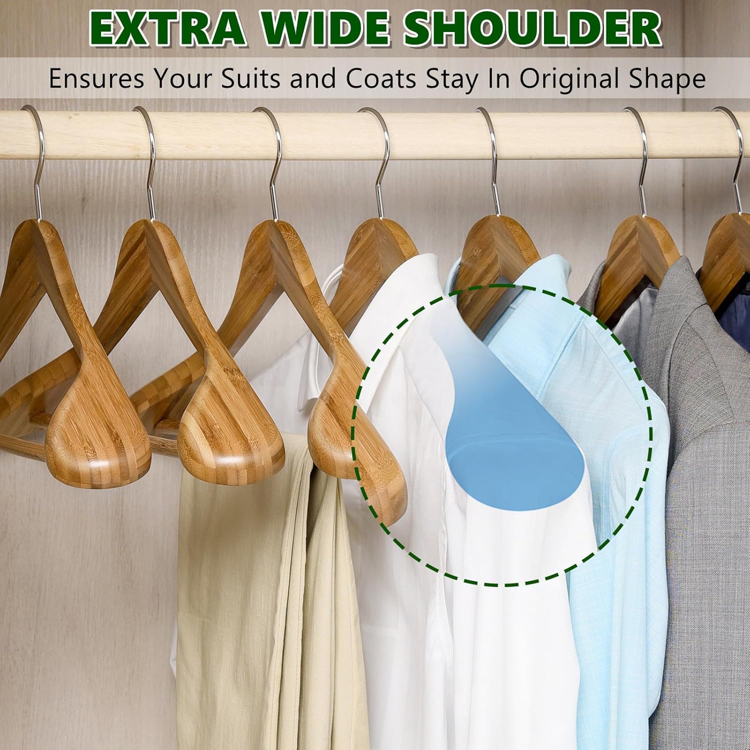 Amber Home 6 Pack Natural Wide Shoulder Bamboo Wooden Suit Coat Hangers, Bamboo Clothes Hangers with Pants Bar, Heavy Duty Bamboo Jacket Hangers for Dress, Pants, Heavy Clothes