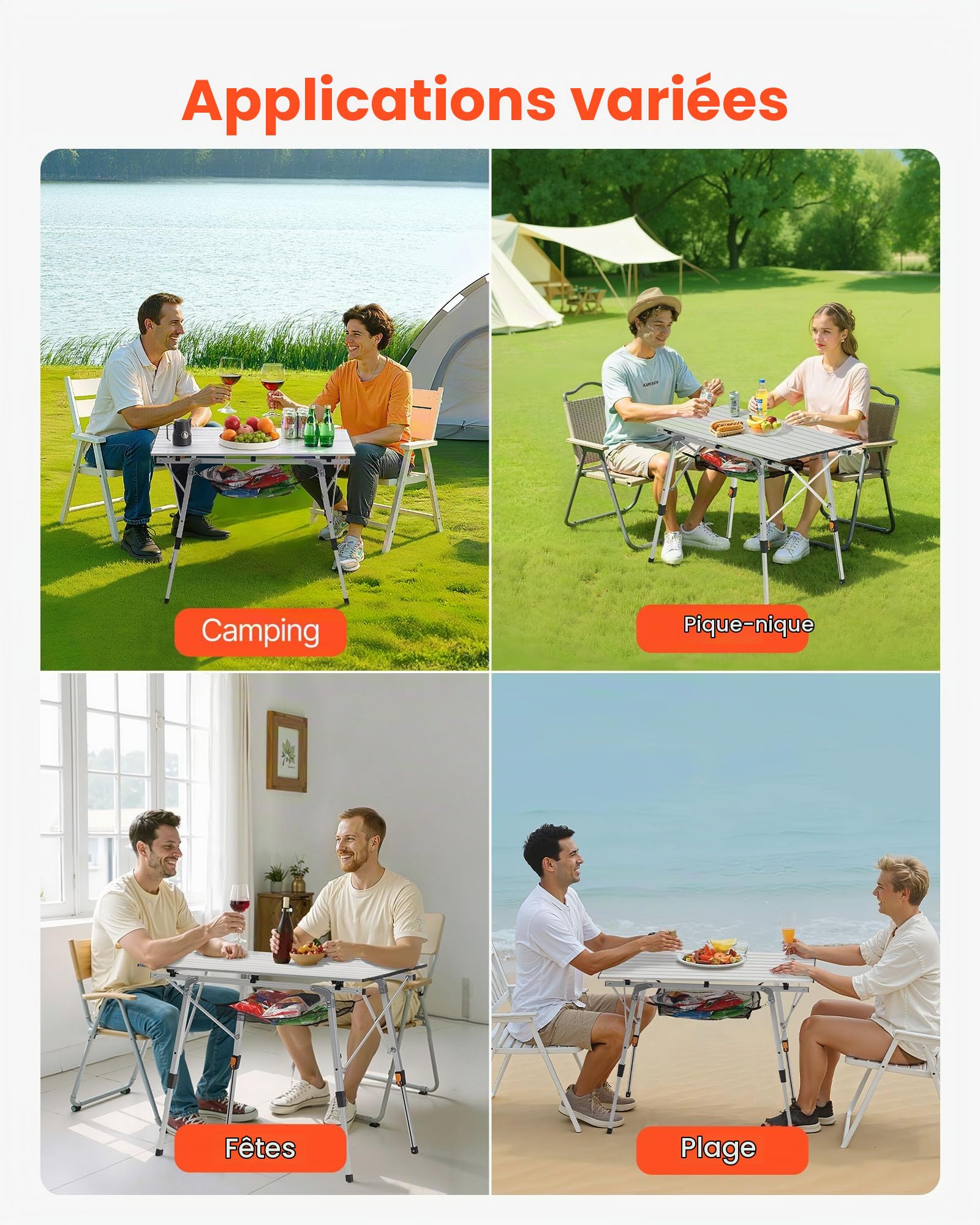 VEVOR Table de Camping Pliante Enroulable 90x52 cm, Table d'Appoint Portable en Aluminium, avec Hauteur Réglable, Couche en Maille et Sac de Transport, pour Cuisine en Plein Air, Pique-Nique, Argent