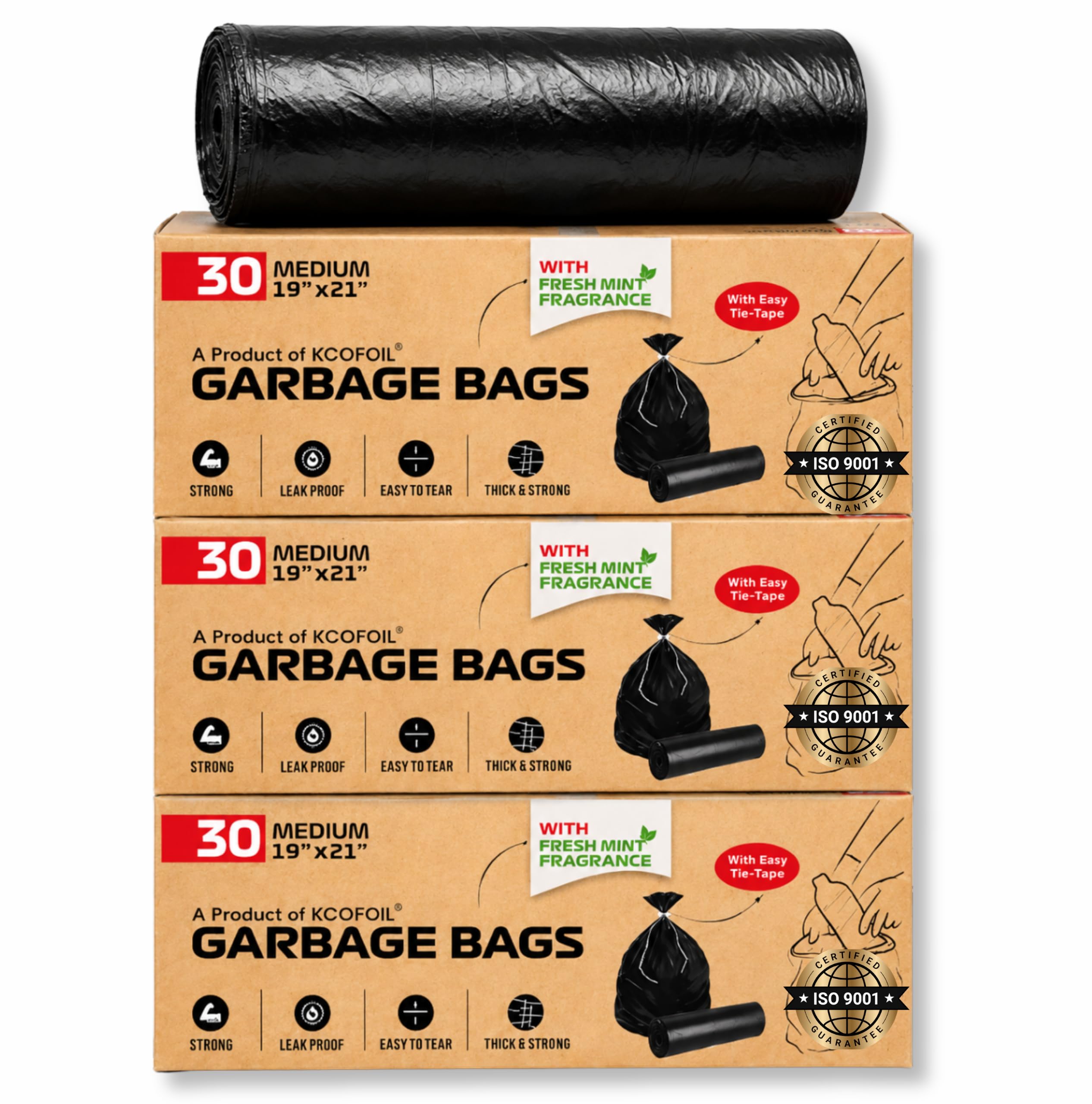 Black Garbage Bags for Dustbin | Medium | 90 Bags | 30 Bags X 3 Rolls | 19 X 21 Inches | Mint Fragrance | Tie-Tape | Strong & Leak Proof Trash Bags (Pack of 3)