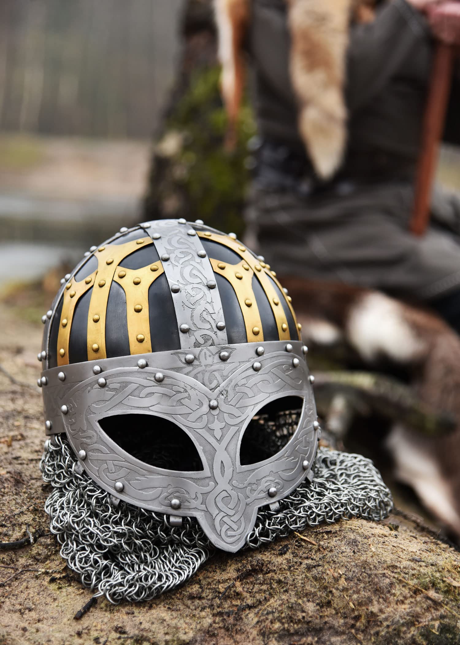 Battle-Merchant Wikinger Brillenhelm mit Kettenbrünne, mit Lederinlay