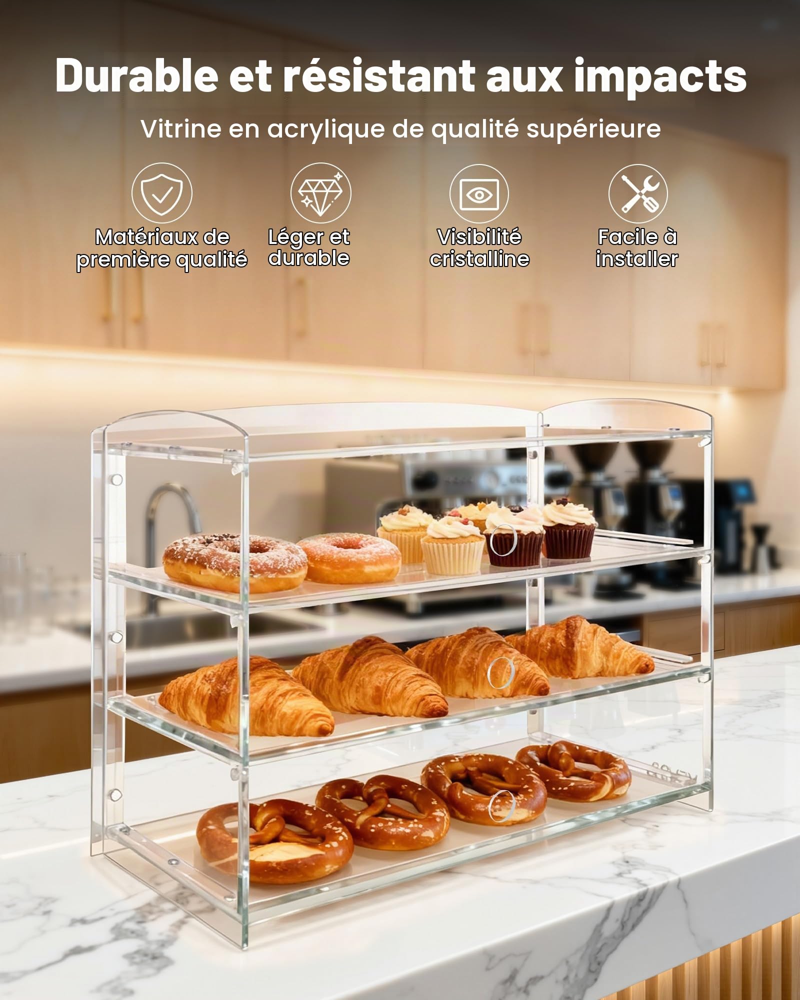 VEVOR Vitrine Comptoir de Boulangerie de 48,2x23,2x38 cm à 3 Niveaux, Présentoir à Pâtisserie en Acrylique Transparent, pour Présentation Biscuits Desserts Beignets Pains, avec Porte Relevable