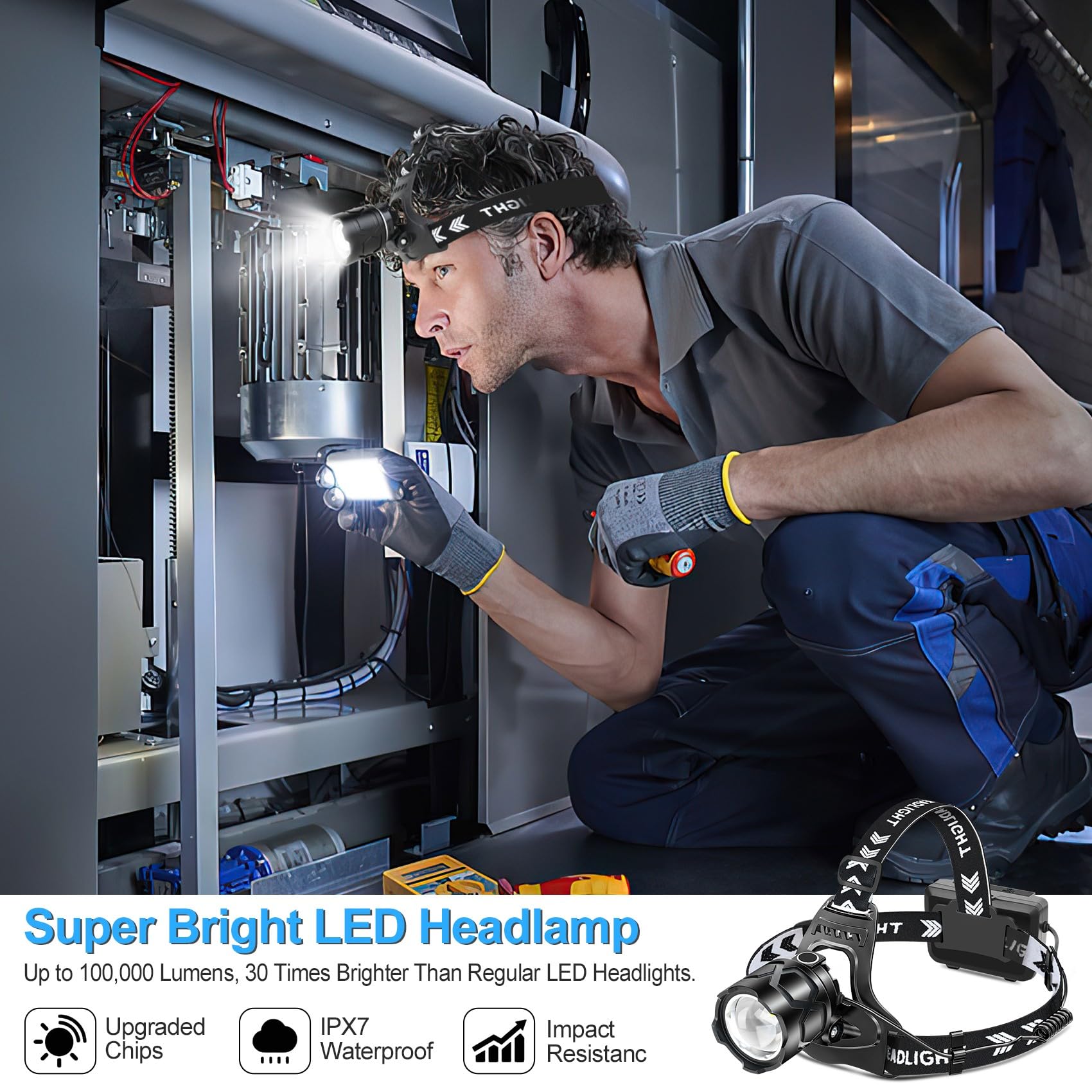 YOUGAAN LED-Stirnlampe, wiederaufladbar, 150.000 Lumen, superhell, mit 10 Modi und Bewegungssensor, Stirnlampe Taschenlampe mit Zoombar, IPX7 wasserdicht, 135° verstellbar, für Outdoor, Wandern,