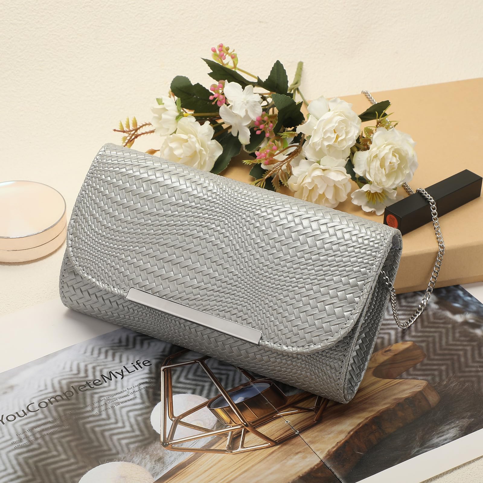BAIGIO Clutch damska torebka wieczorowa ze skóry PU, elegancka torebka dla panny młodej, torebka na łańcuszek, na wesele, mała torba na ramię