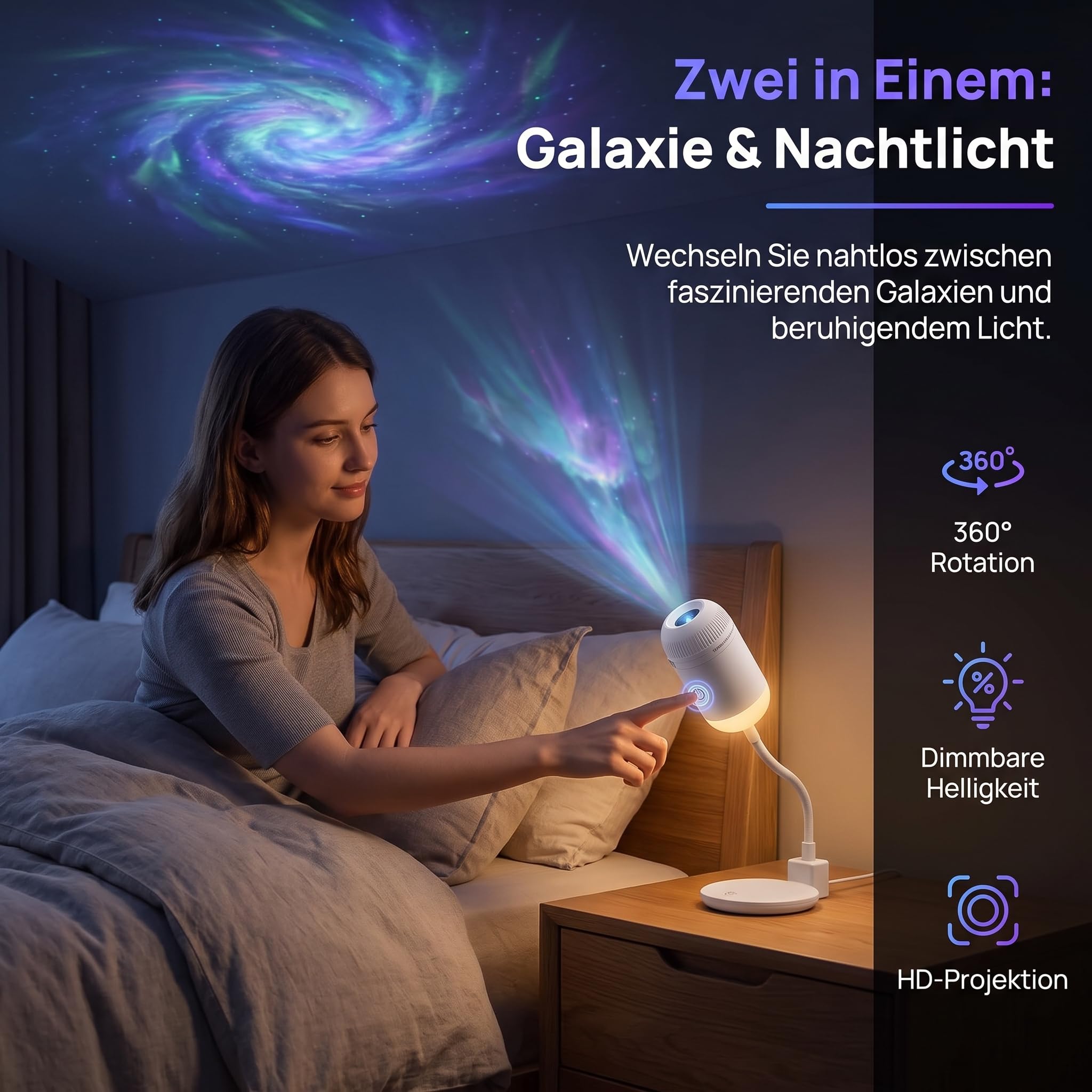 Plug and Play HD Star Projector, Galaxy Projector Night Light, 360° Rotating Starry Sky Projector, Smart Dynamic 5d Holographic Night Light Projector, para coche, dormitorio, 6 películas