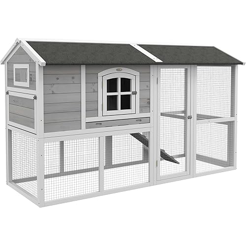 PawHut Chicken Coop, Wooden Chicken Hutch for 4 Chickens with Nesting Box, Removable Tray, Run, Hen House for Outdoor, Backyard, Farm, 77.5" x 32.5" x 46", Light Gray