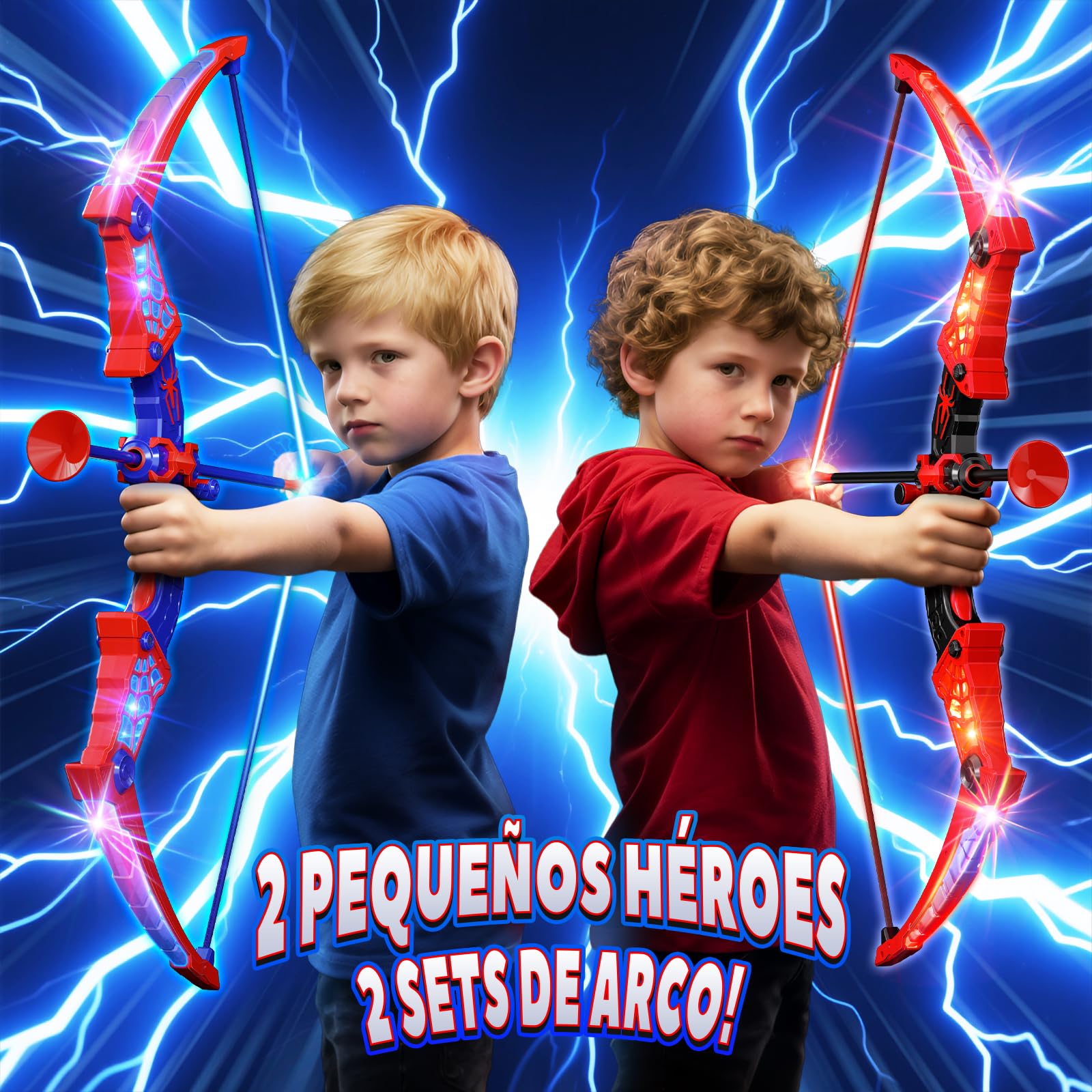 Kidluna Juguetes Niños 3 4 5 6 7 8 9 10 Años, 2 ArcoFlecha con Luces LED Rojas & Azules, 2 Carcaj, Diana Telaraña, Juegos Exterior Niños 3-10, Regalos Cumpleaños para Niños de 3-12 Años