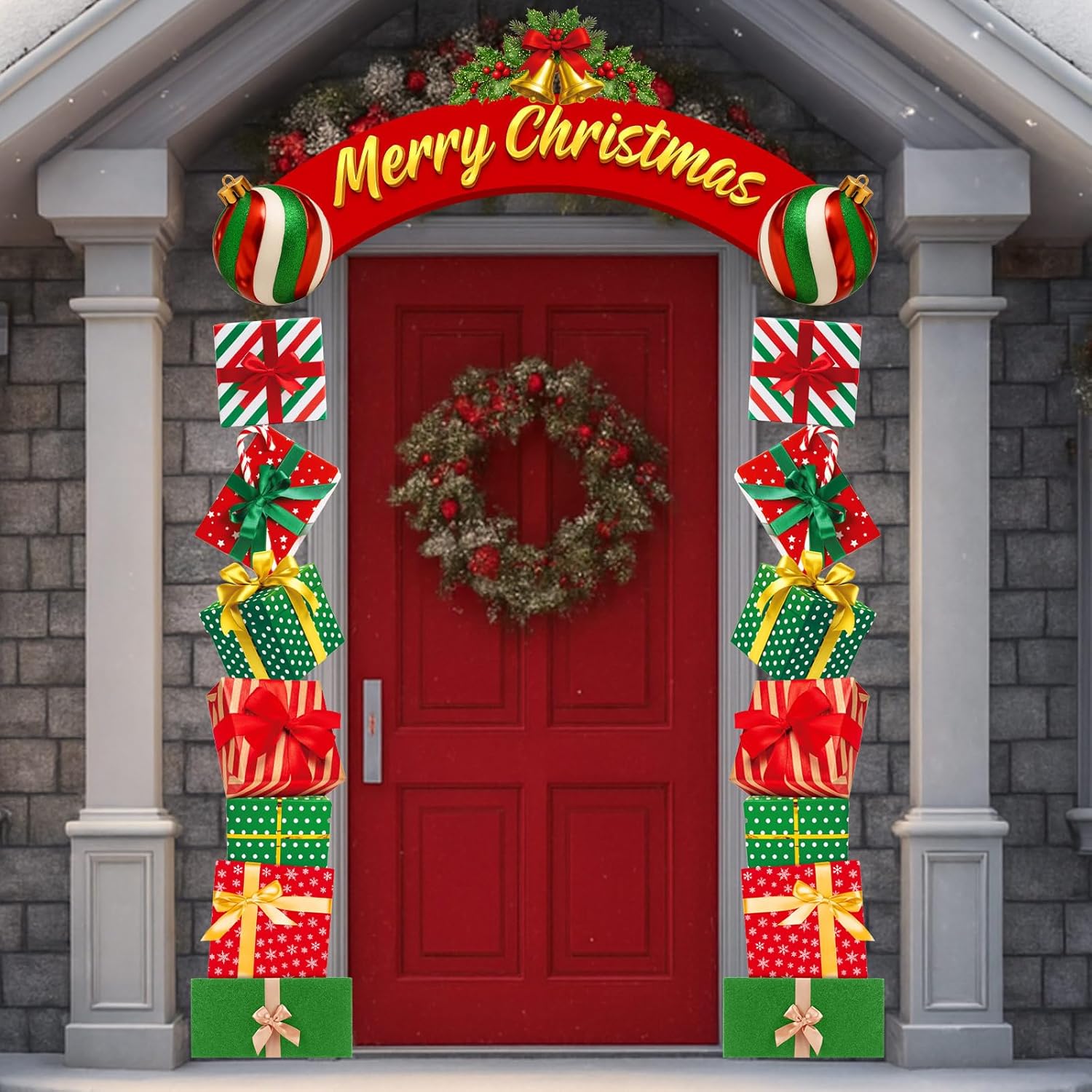 Moukeren 63.8x29.5 Christmas Door Decorations, 3pcs Merry Christmas Gift Box Door Frame Banner Set - Side Banners, Xmas Decor with PVC Hanging Rope for Porch, Classroom, Winter Holiday Party
