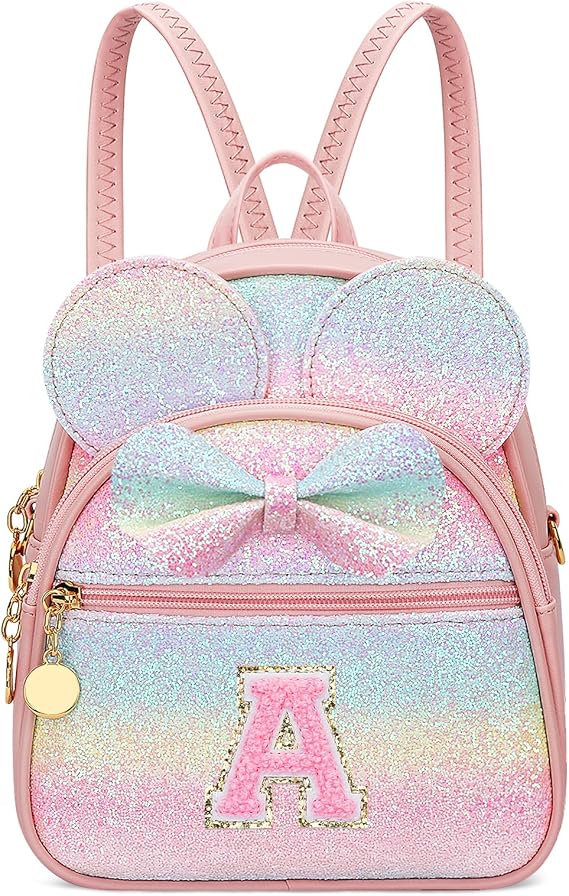 KKXIU Initial Bowknot Mini Backpacks for Girls Women, Small Cute Backpack Purse, Personalized Trendy Stuff Gifts for Toddler, Kids and Teen Girls(A, Rainbow)