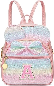 KKXIU Initial Bowknot Mini Backpacks for Girls Women, Small Cute Backpack Purse, Personalized Trendy Stuff Gifts for Toddler, Kids and Teen Girls(A, Rainbow)