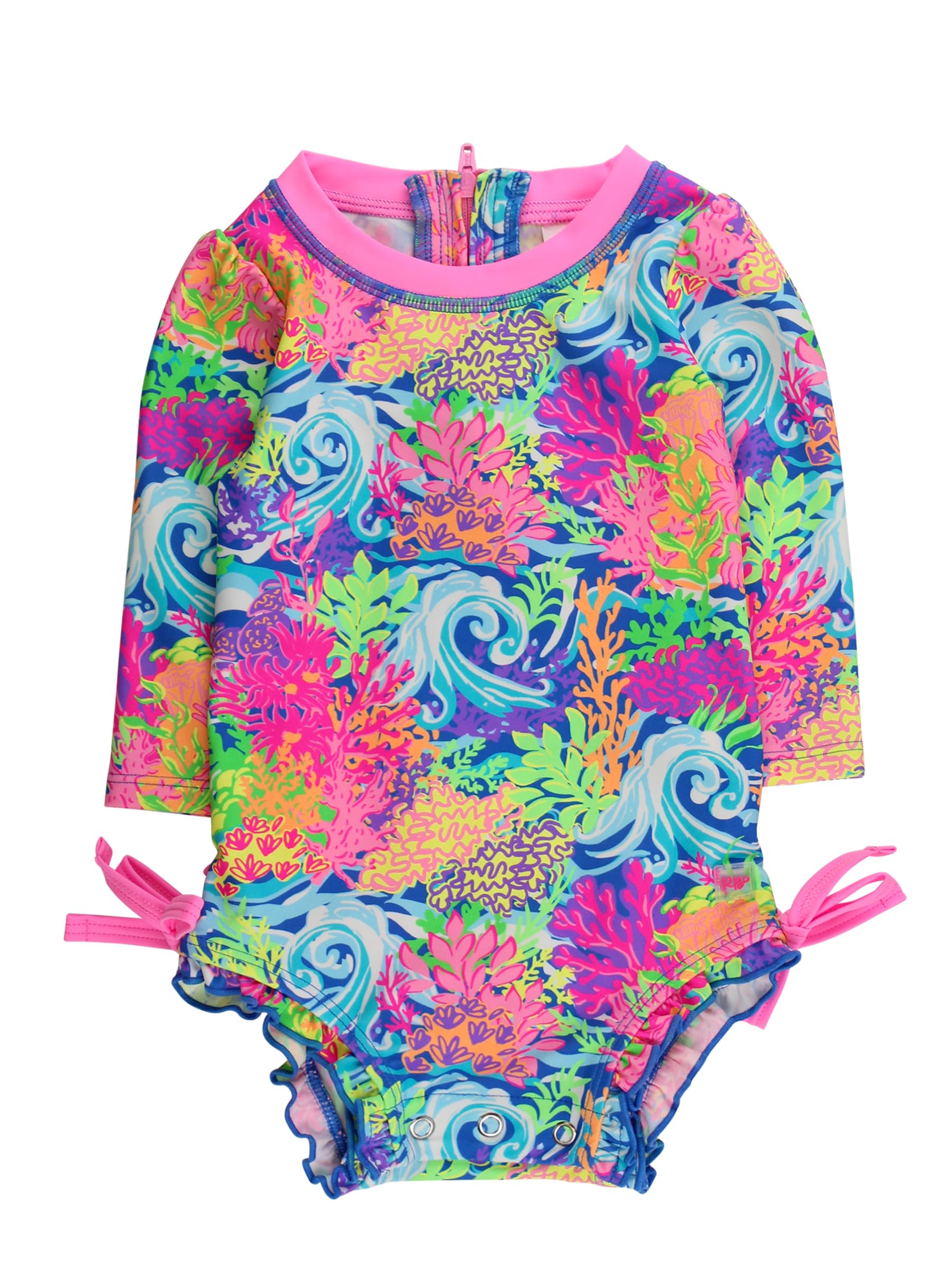 RuffleButts Baby Girls Novelty Baby One Piece - Rash Guard Swimsuit | 80% Nylon 20% Spandex, UPF 50+, Lightweight, Medium Stretch, Full Seat Coverage, Bottom Snaps, Unlined, Infant Beach Swim