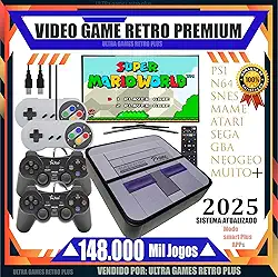 Console de Videogame Retro Premium, 148.000 Jogos, Controles Multiplayer, Compatível com PS1, N64, SNES, MAME, Atari, Sega, GBA, NeoGeo, Muito+