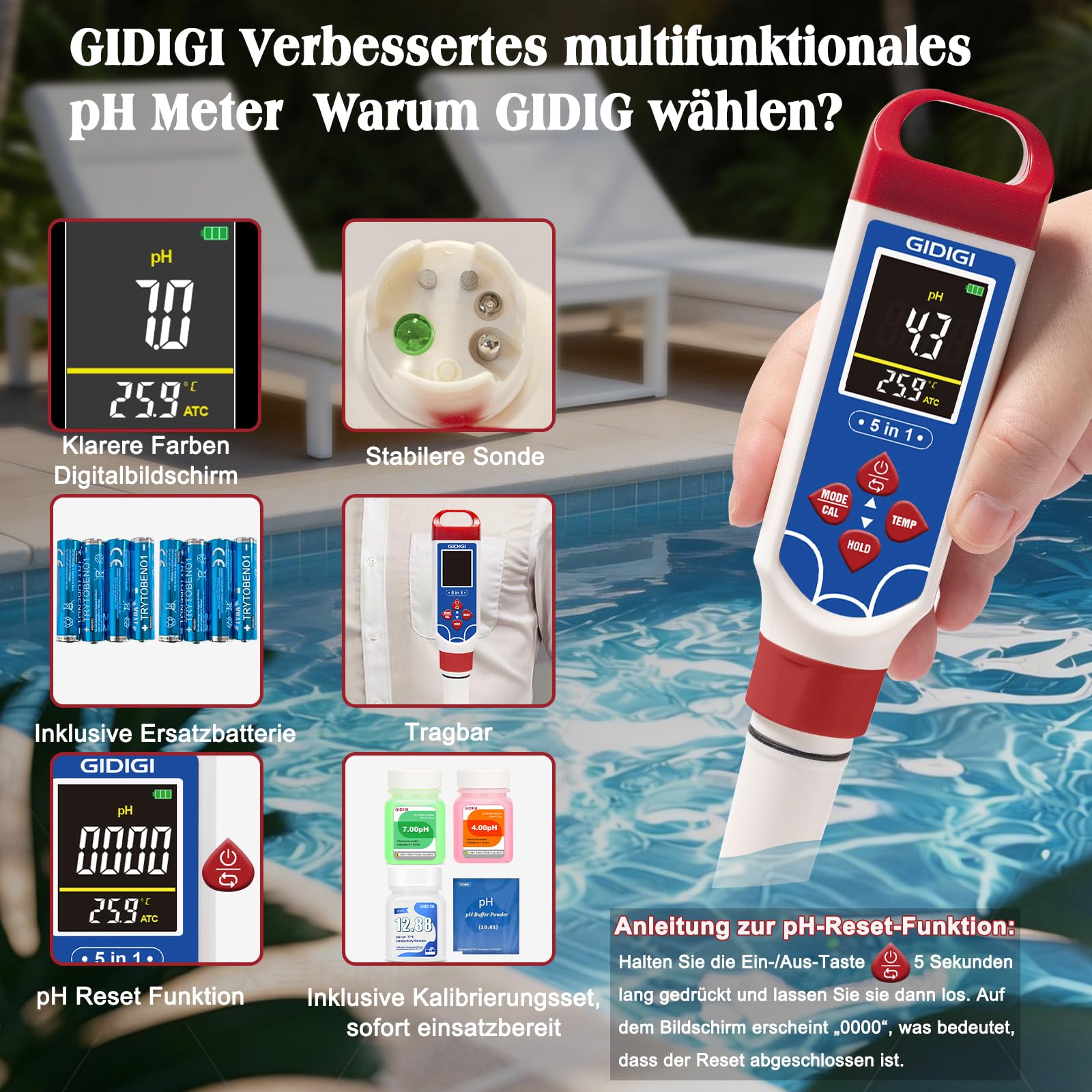 Digitales Schwimmbad-Salzgehaltsmessgerät, 5-in-1 pH- und TDS-Messgerät, geeignet für Meerwasser-Schwimmbäder, ausgestattet mit Kalibrierkit, Salzgehaltsmessgerät für Meerwasseraquarien