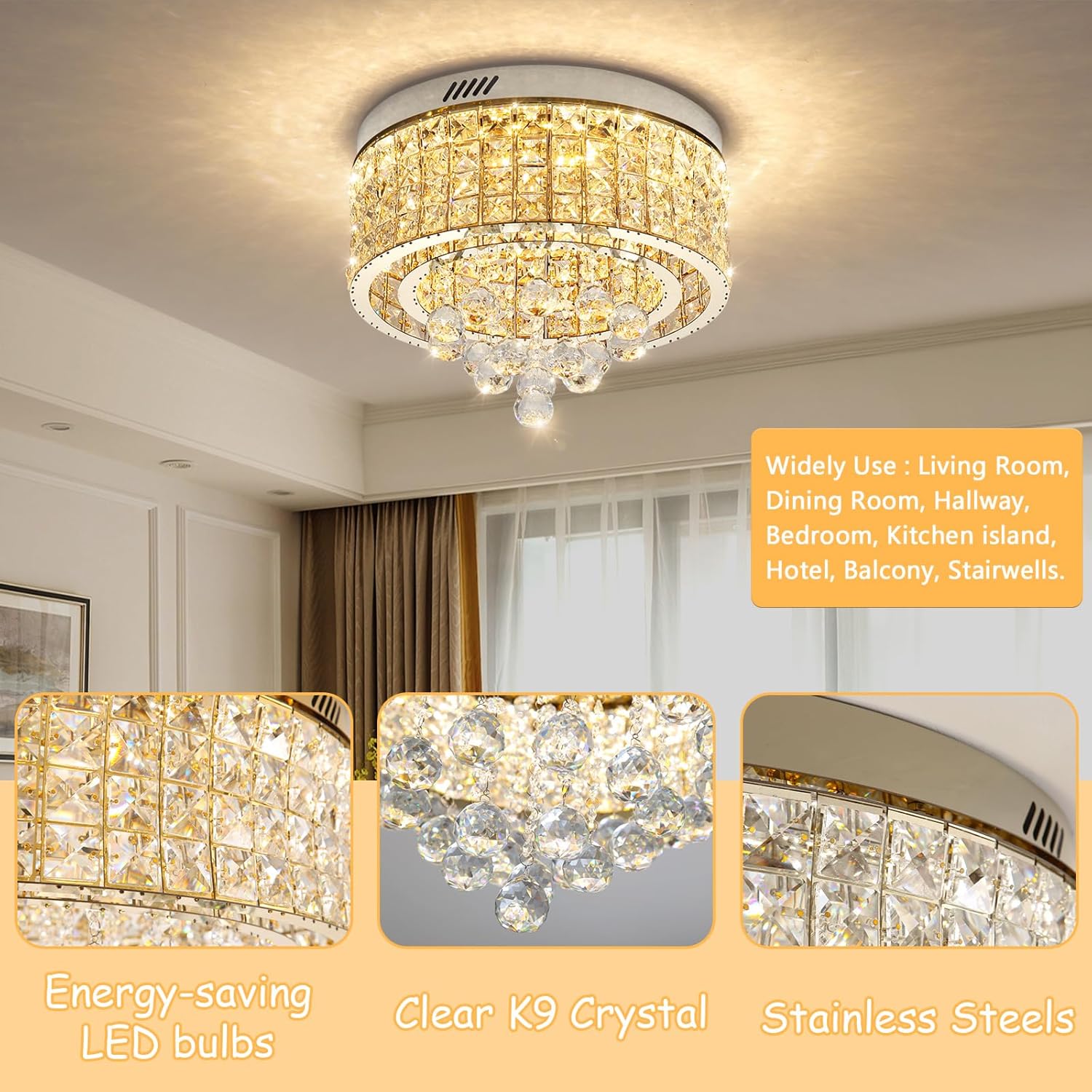15.8'' Crystal Dimmable Chandeliers for Living Room Modern LED Chandeliers Glam Chandelier Flush Mount Ceiling Light Fixture Dining Room Bedrooms Silver