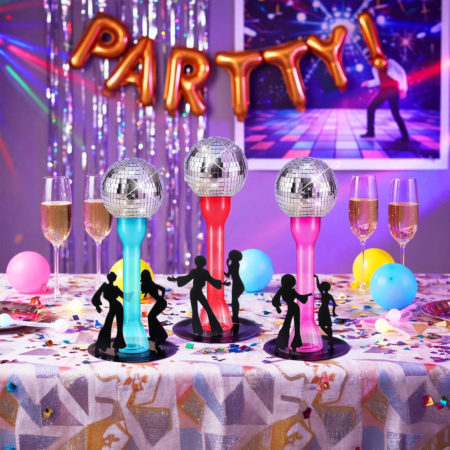 3 Pack 70s Disco Ball Table Centerpieces - Retro Party Decor with Vinyl Record Base, Felt Dancer Silhouettes for Hippie Birthday Bachelorette Retro 1970s Party Supplies