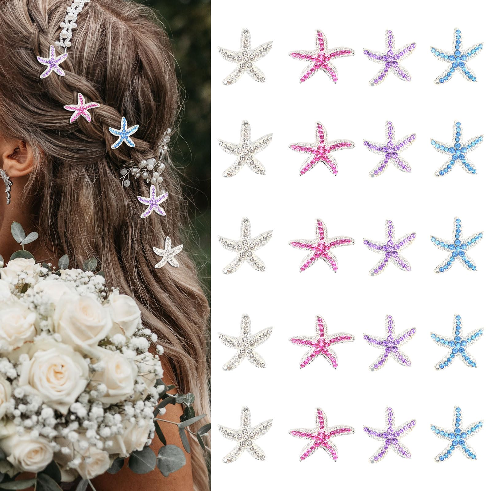YISSION Starfish Hair Clip, 20Pcs Colorful Rhinestone Hair Pins, Small Decorative Hair Clips, Wedding Hair Barrettes, Bridal Hair Accessories for