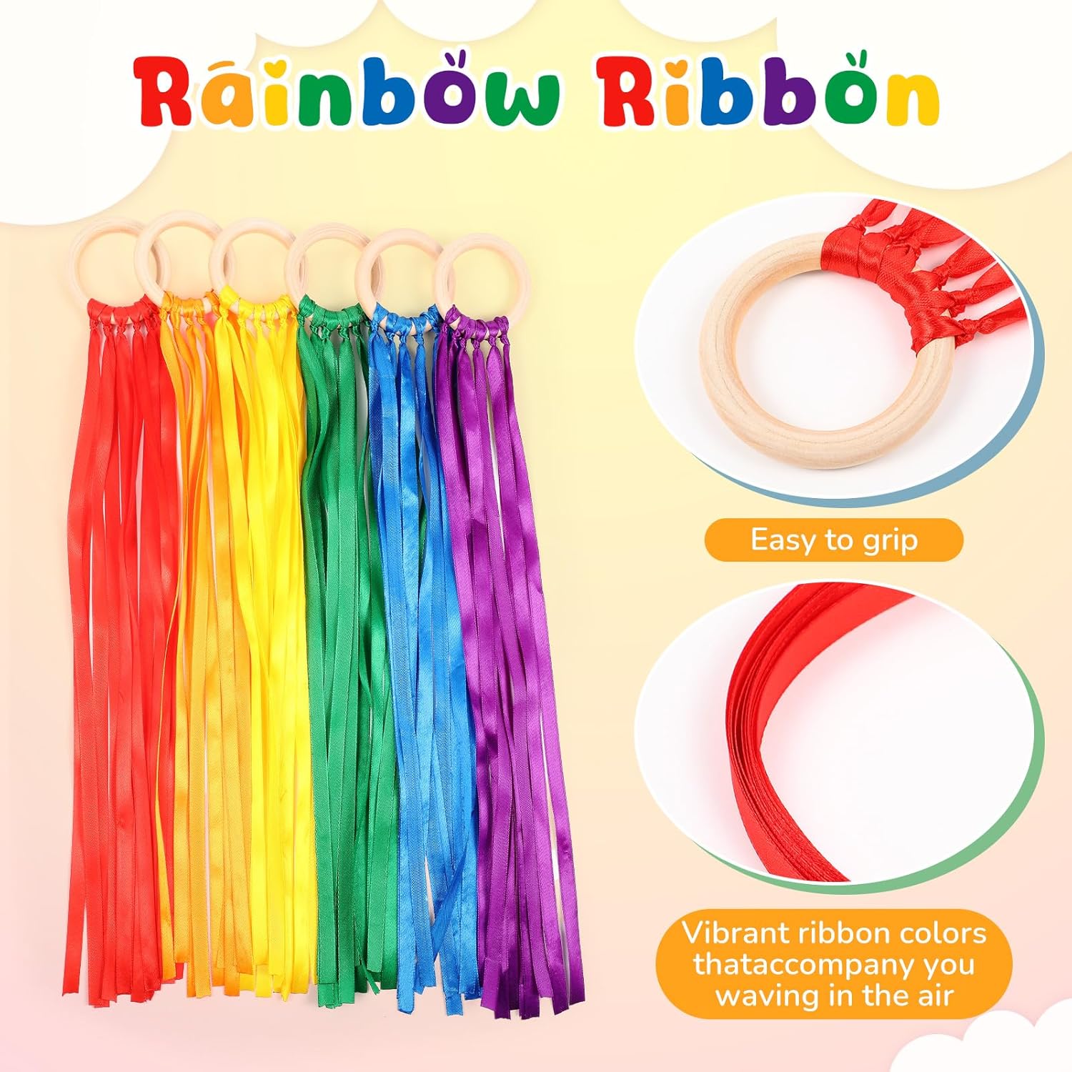 Deekin 12 Pcs Rainbow Ribbon Wooden Waldorf Toys Creative Waldorf Hand Kite Set Streamers with Wood Ring Educational Toy for Playroom Dancing Birthday(Stylish Color)