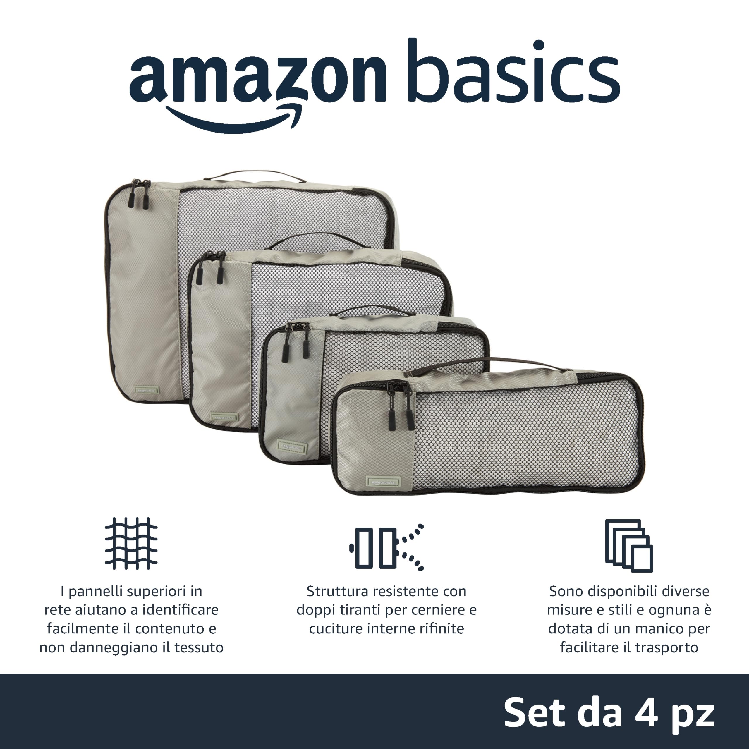 Amazon Basics Organizer da Viaggio Salvaspazio per Valigie, con Cerniera, Set da 4 Pezzi, Grande/Medio/Piccolo/Sottile, Grigio