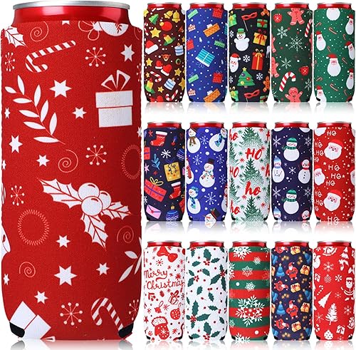 Maxcheck 16 fundas para enfriar latas de cerveza navideñas, divertidas fundas de neopreno para latas de Navidad, termoenfriadores plegables,