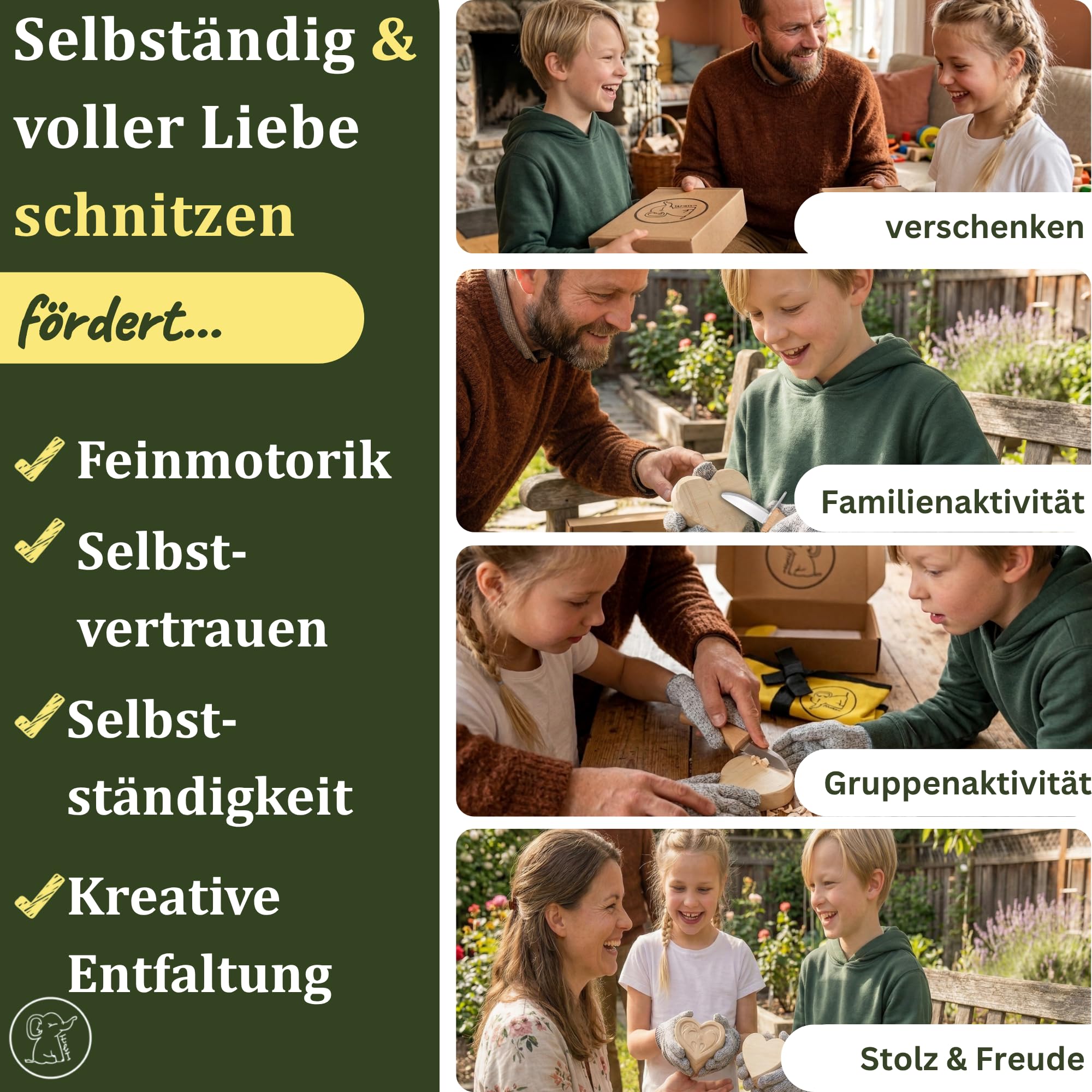 Eli® Schnitzmesser Kinder Set ab 6 Jahre inkl. Schnitzholz und schnittfeste Handschuhe - hochwertiges Kindermesser Schnitzset und Rohling Herz - Kinderschnitzmesser - Schnitzwerkzeug - Outdoor Messer