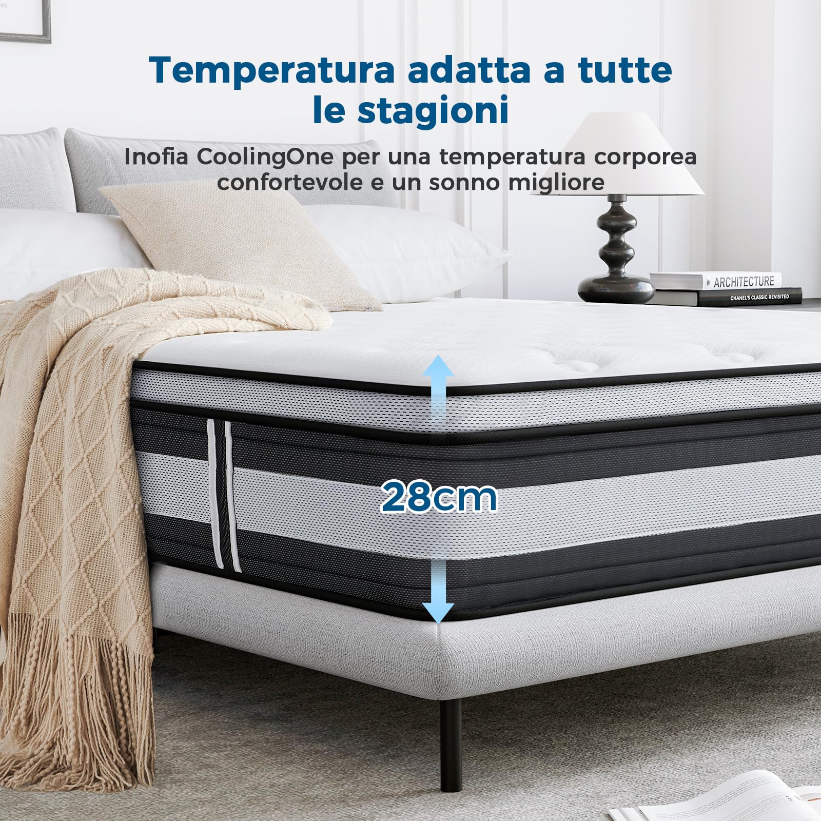 Inofia Materasso Kuhl 90x200 cm, Spessore materasso 28 cm H3/H4, 7 zone ergonomiche, Certificato Oeko-Tex, Materasso a molle insacchettate in cotone biologico, Prova gratuita 100 notti