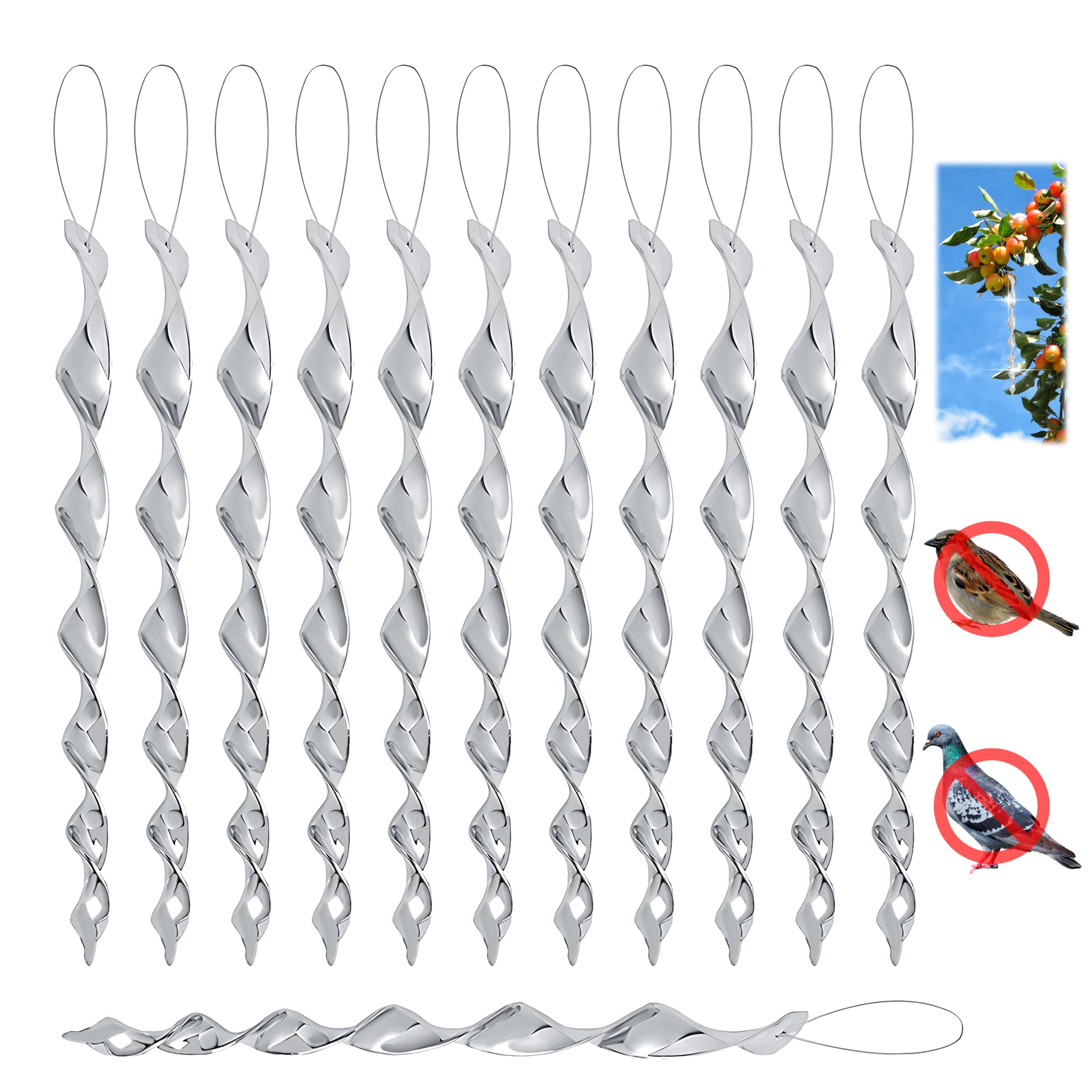Kendwing 24 Bâtons Réfléchissants Anti-Oiseaux - Repulsif Oiseaux Extérieur Spirale Argenté 30cm, Bâtons Suspendus Pour Jardin, Balcon, Maison Et Fruitiers