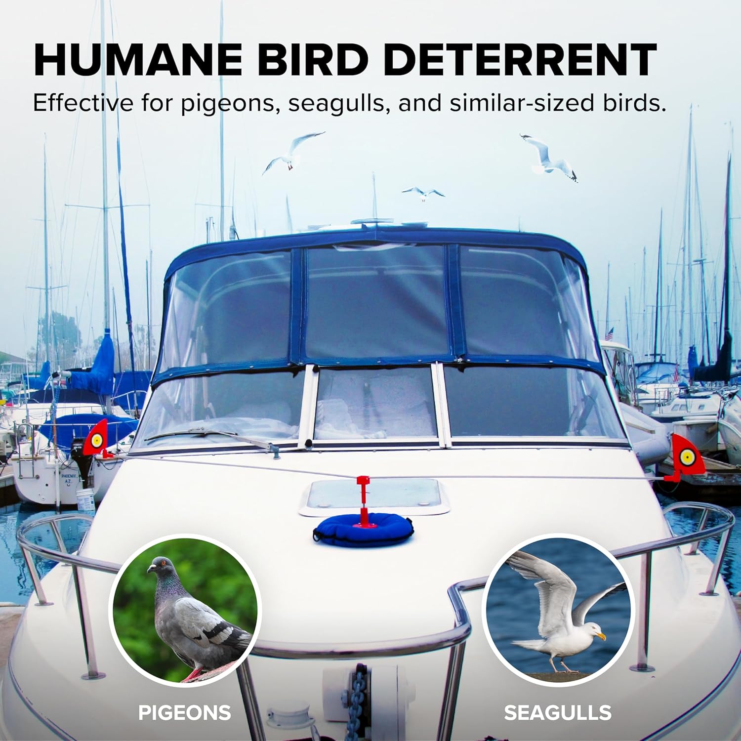 Bird B Gone - Repeller 360 - Spinning Bird Deterrent With Scare Eye Flags - Deters Seagulls and Other Birds From Landing - Durable Windproof Design - For Boats, Docks, Lights - Easy Installation - 6ft