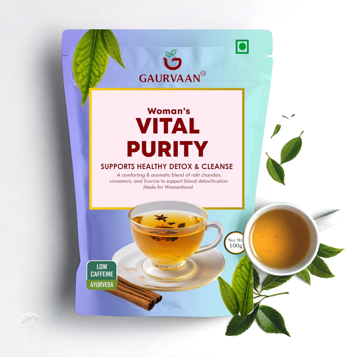 Gaurvaan Herbal Tea Vital Purity Loose Leaves Green Tea & Cinnamon Flavour 100 Gm (Pack Of – 1)