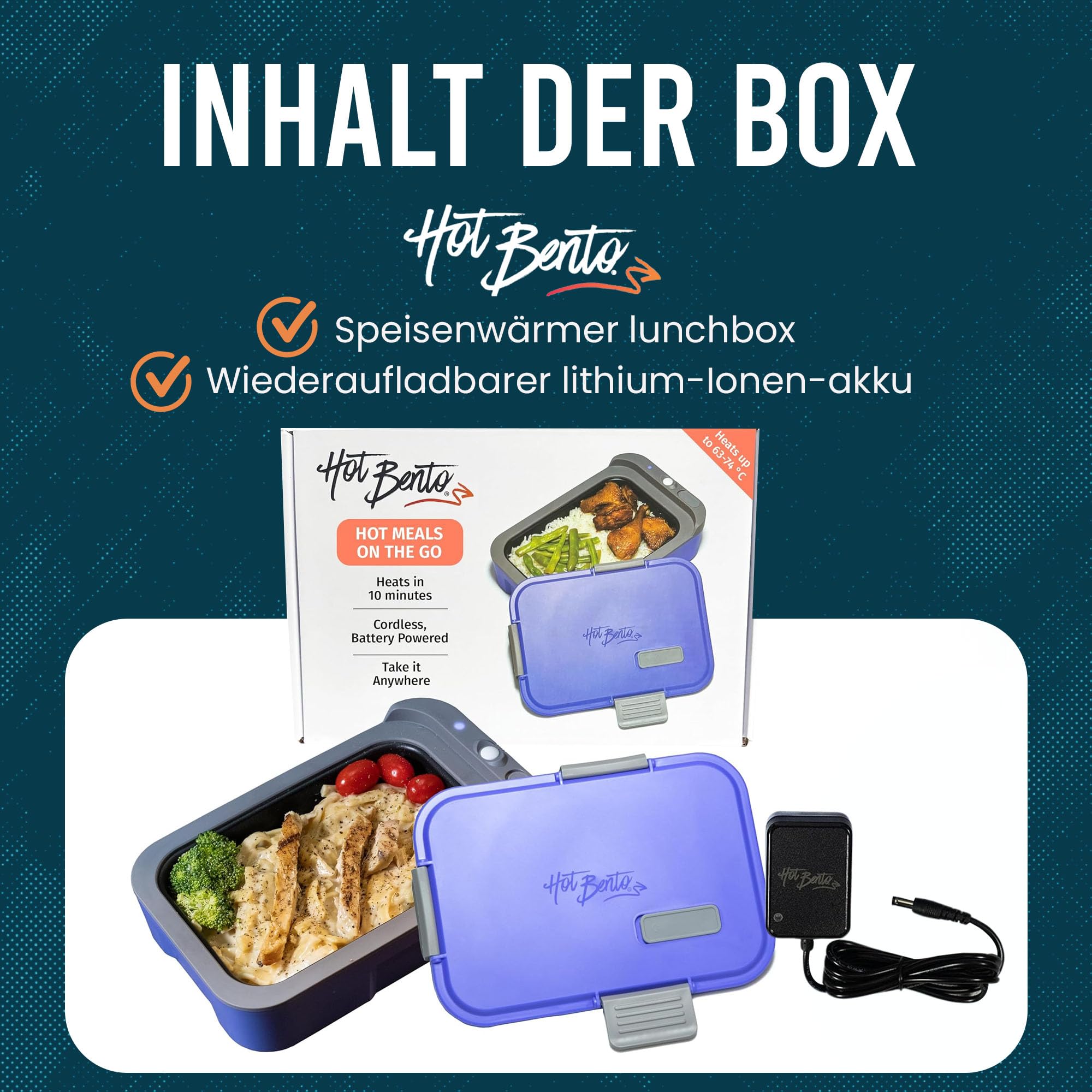 Hot Bento - Lunchbox für Erwachsene mit Batterie zum Erhitzen von Essen - Für Büro, Schule, Reisen und Outdoor - Essensbox für Meal Prep, Leicht zu Reinigen, Aufladbar über AC Kabel - Very Peri