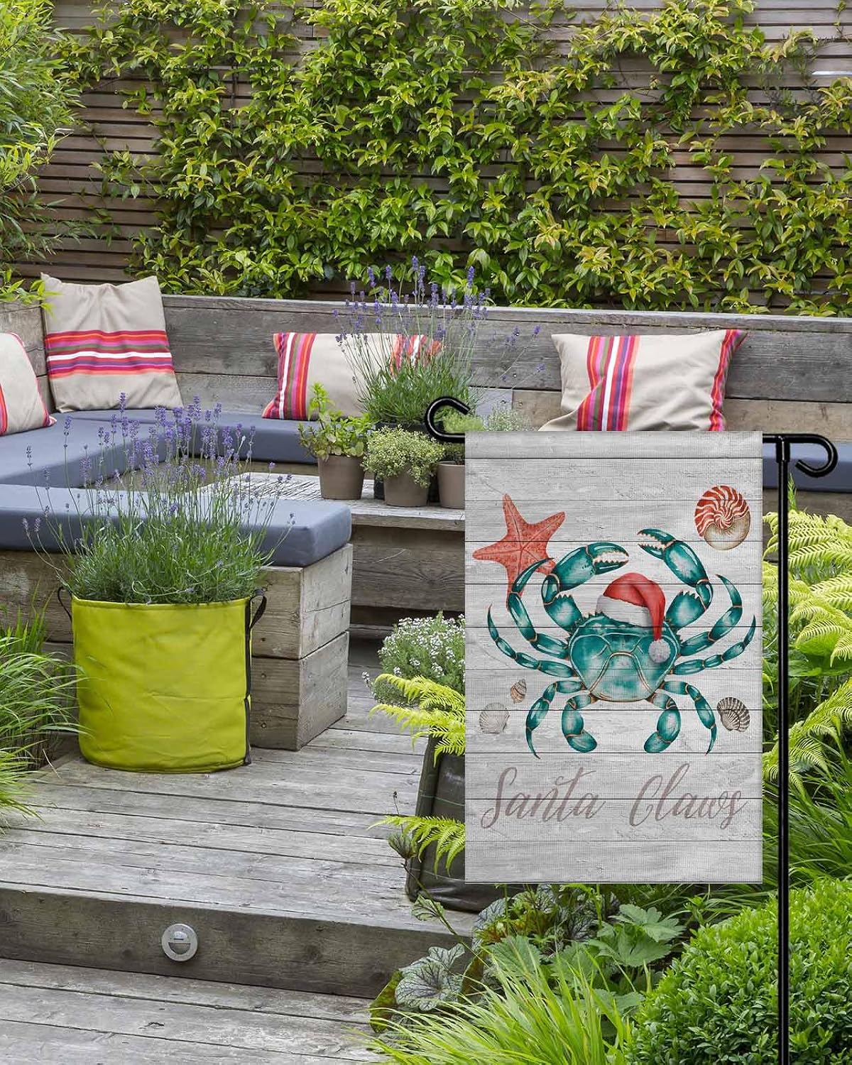 Christmas Crab Garden Flags 12 x 18 Inch Double Sided, Burlap Welcome Home Banner, Xmas Snata Claus Coastal Starfish Wood Garden Flag Vertical Banners Yard/Patio/Lawn Flags Outdoor Decorations image 4