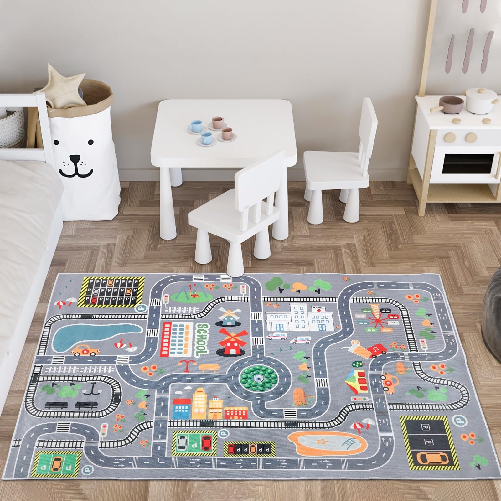 Tapis Voiture Enfant, Circuit Route Antidérapant, Lavable 80x120cm