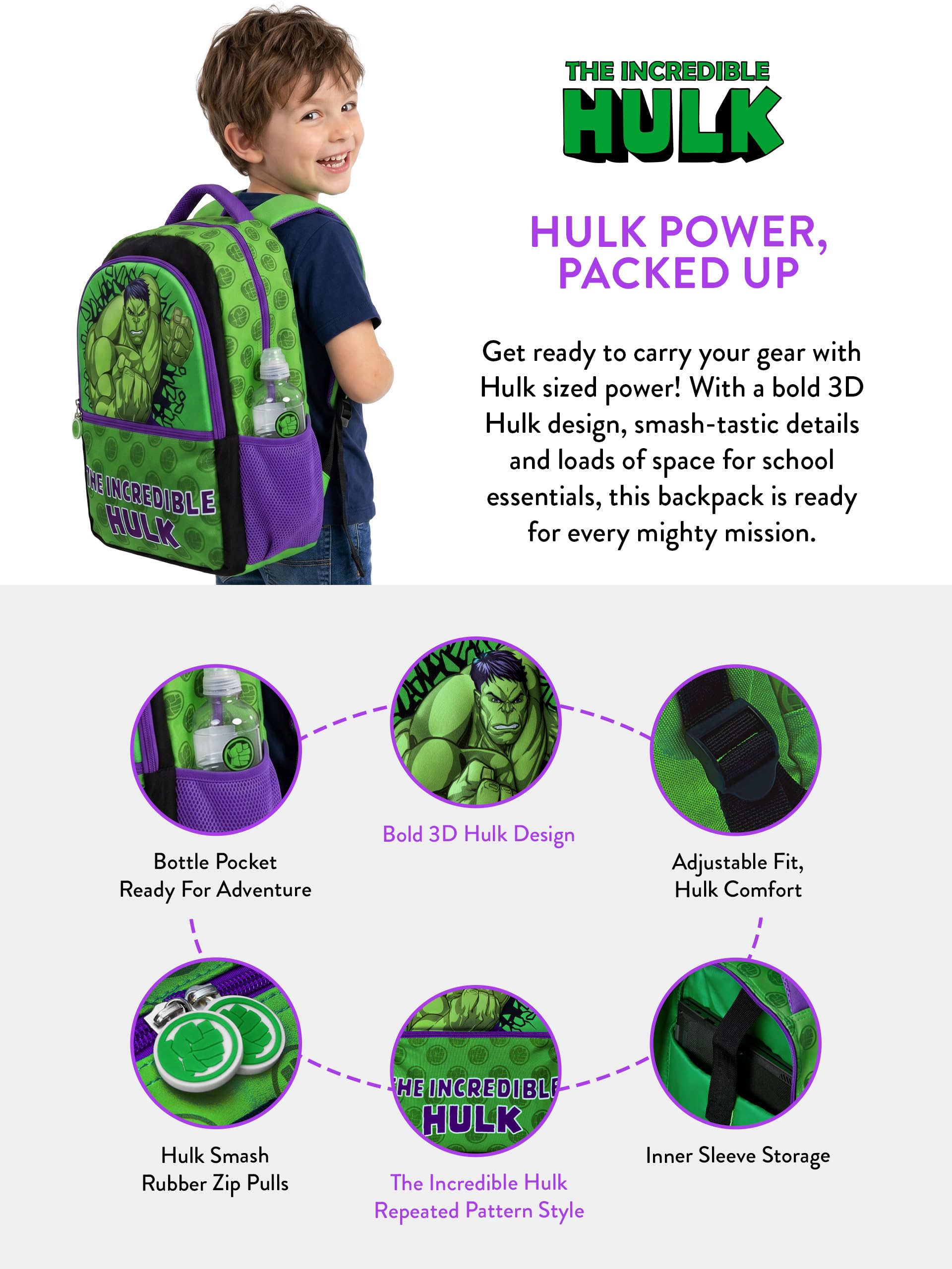 Marvel Sac à Dos Enfant, The Incredible Hulk sac enfant, Taille Unique