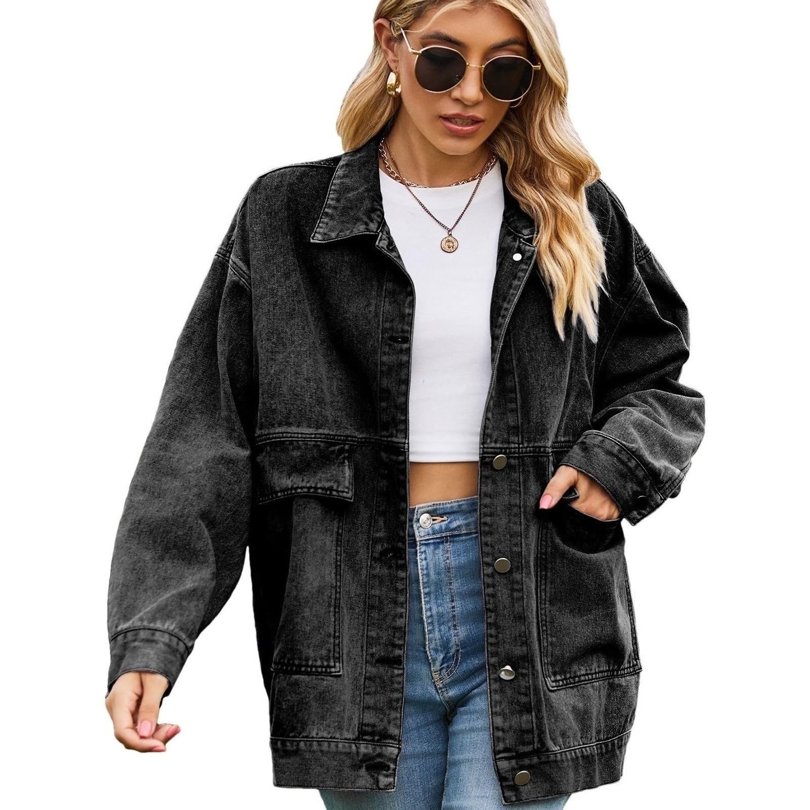 Mujer Oversize Media Vaquera Chaqueta Manga Larga Conjuntos