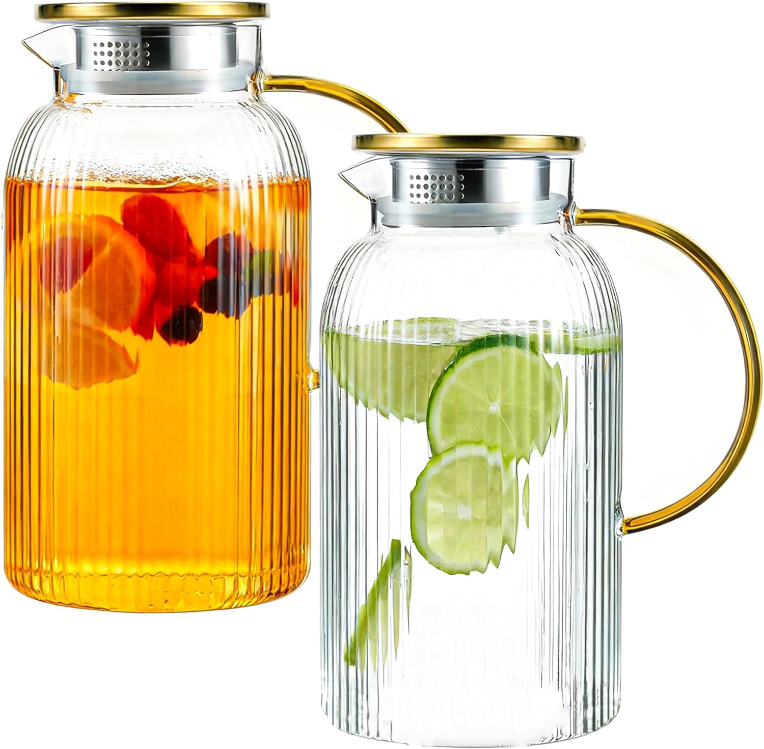 2 Pack 2 Liters/68 oz Square Glass Pitchers With Handle and Lid, Borosilicate Heat Resistant Water Jug, Modern Carafe for Hot Tea, Cold Brew and Milk, Unique Mother's Day Anniversary or Birthday Gift