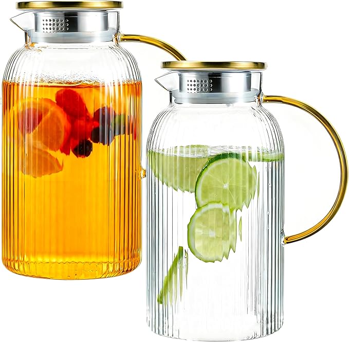 2 PACK Glass Pitcher with Lid, 68oz/2Liter Borosilicate Glass Water Pitcher, Heat Resistant Vertical Striped Water Carafe for Iced Tea, Fruit Tea, and Hot Beverages, Dishwasher Safe