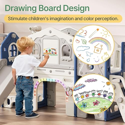 Miniatura 3 de BIERUM Juego de toboganes 10 en 1 para niños pequeños de 1 a 3 años con tira de luces, tablero de dibujo y tabla de bloques de construcción, juego