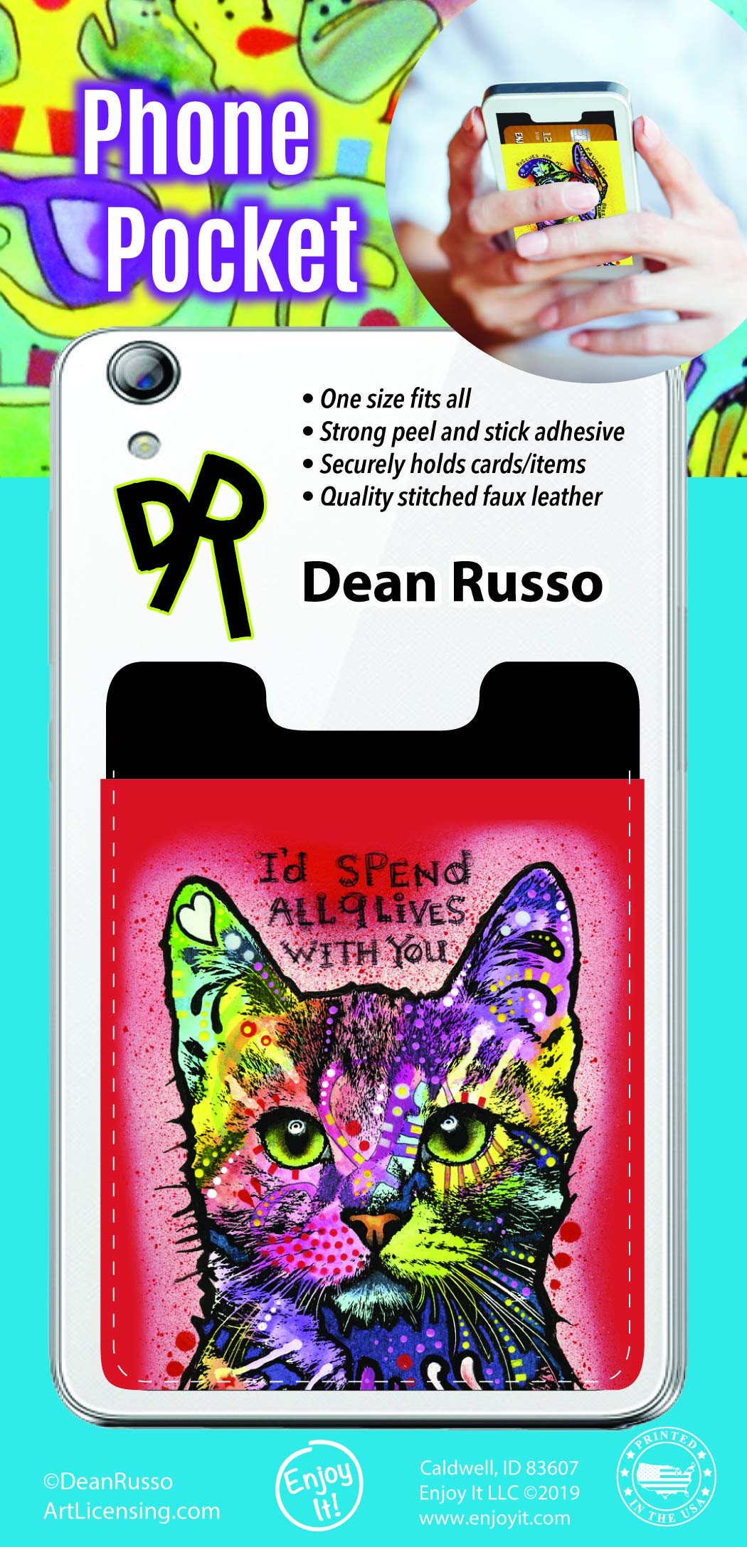 Enjoy It Dean Russo Cat Phone Pocket - Peel and Stick Phone Wallet Credit Card Holder for Smartphones - I'd Spend All 9 Lives with You