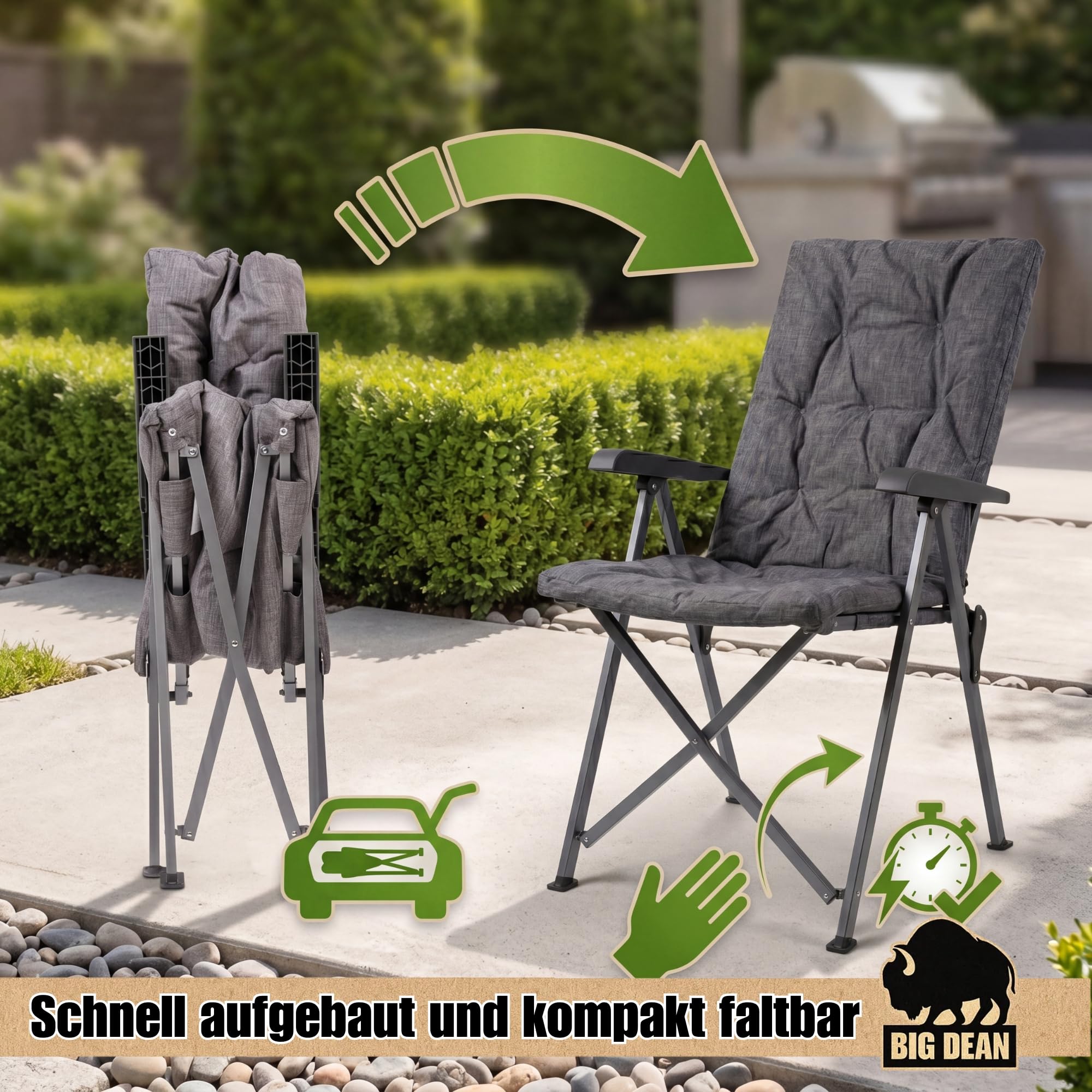 BigDean Lot de 2 chaises de camping pliantes, réglables en 4 positions, jusqu'à 150 kg, rembourrées épaisses, dossier haut, chaise de pêche pour camping, jardin, balcon