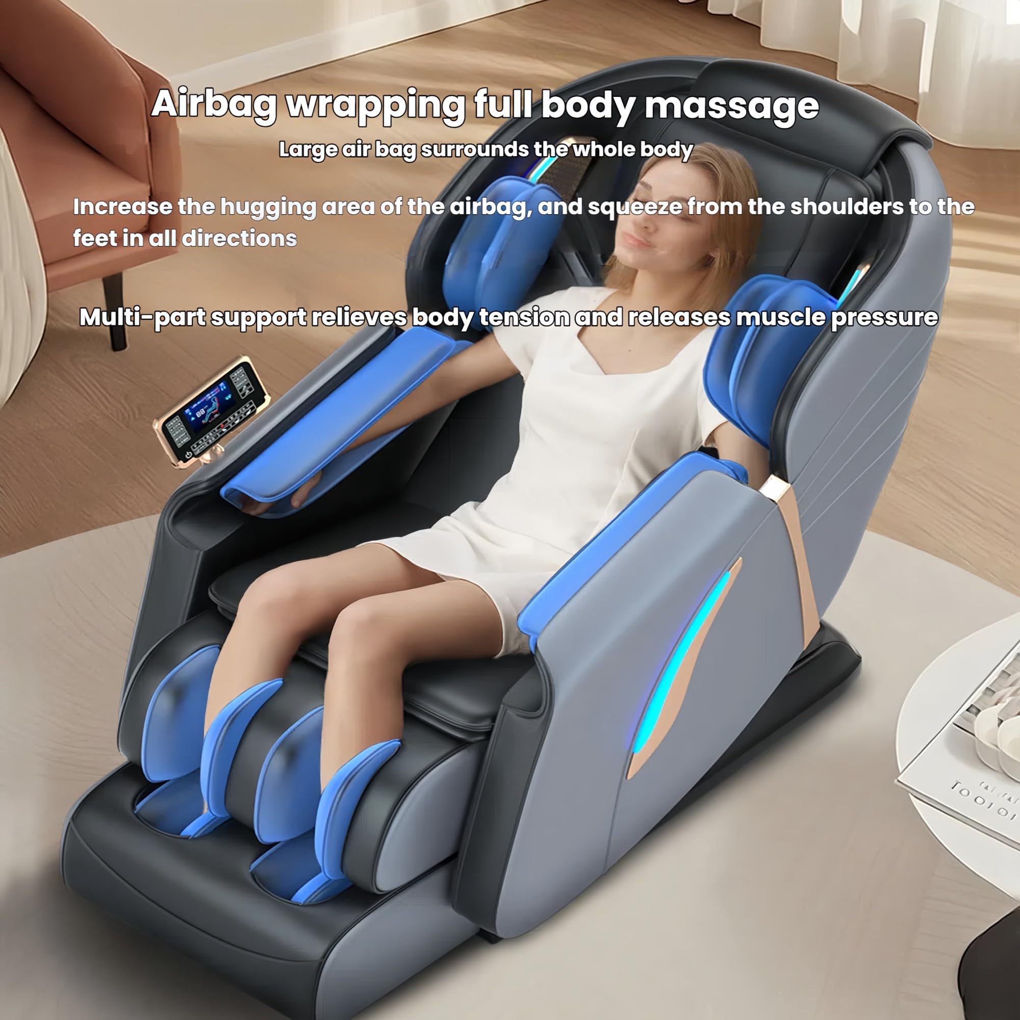 Poltrona massaggiante 4D, dotata di airbag per tutto il corpo, funzione di riscaldamento lombare e modalità di rilassamento automatico con digitopressione.(Bruin)